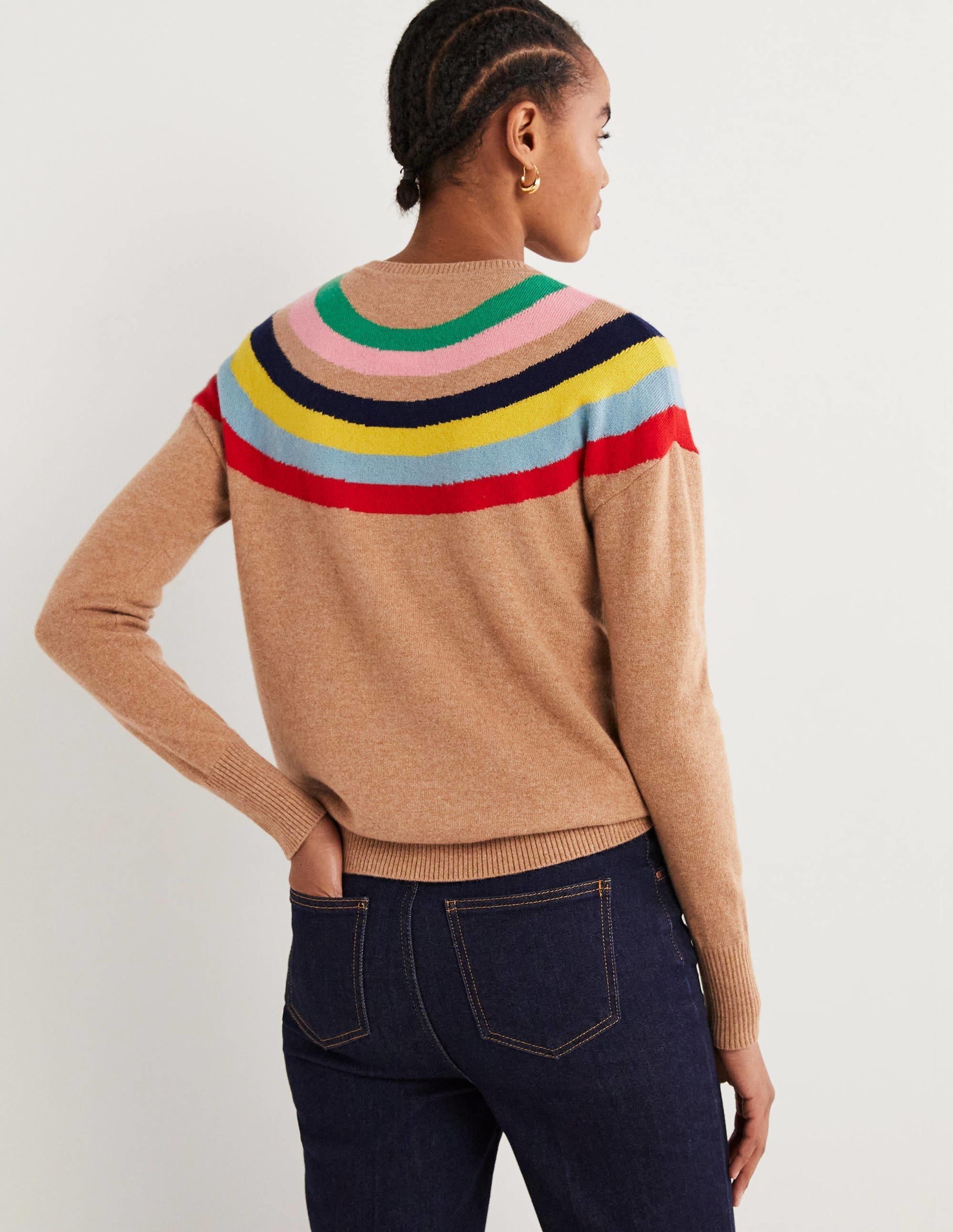Margot Cashmere Jumper-Camel, Rainbow Neck Stripe - Image 3