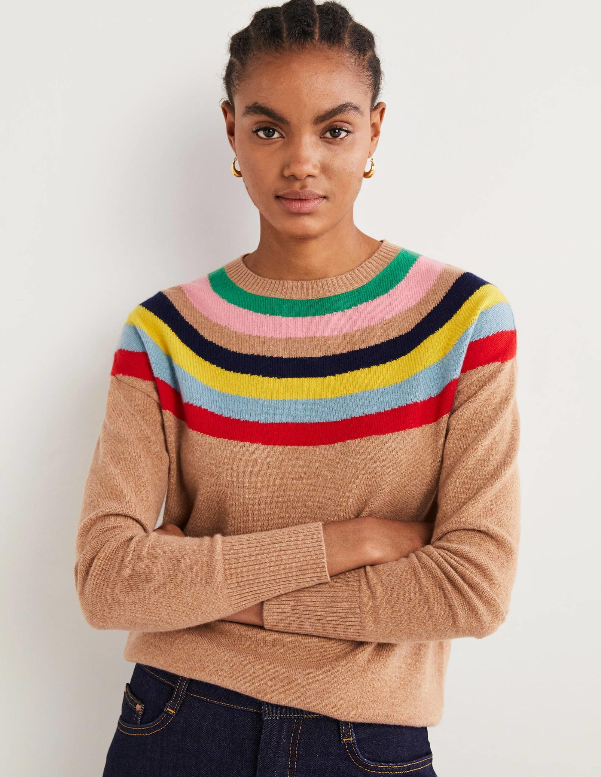 Margot Cashmere Jumper-Camel, Rainbow Neck Stripe - Image 4
