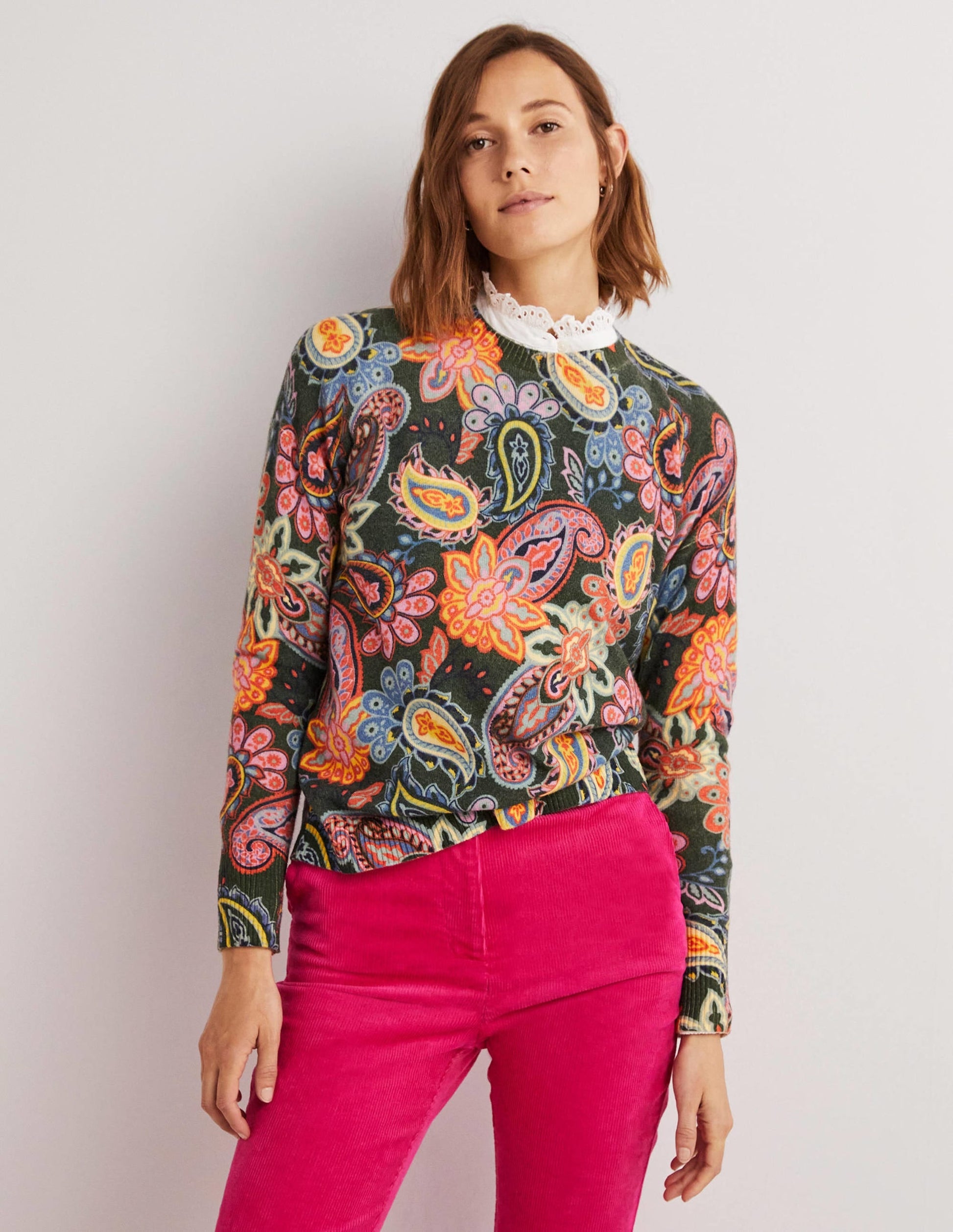 Margot Cashmere Jumper-Trekking Green, Paisley Charm-1