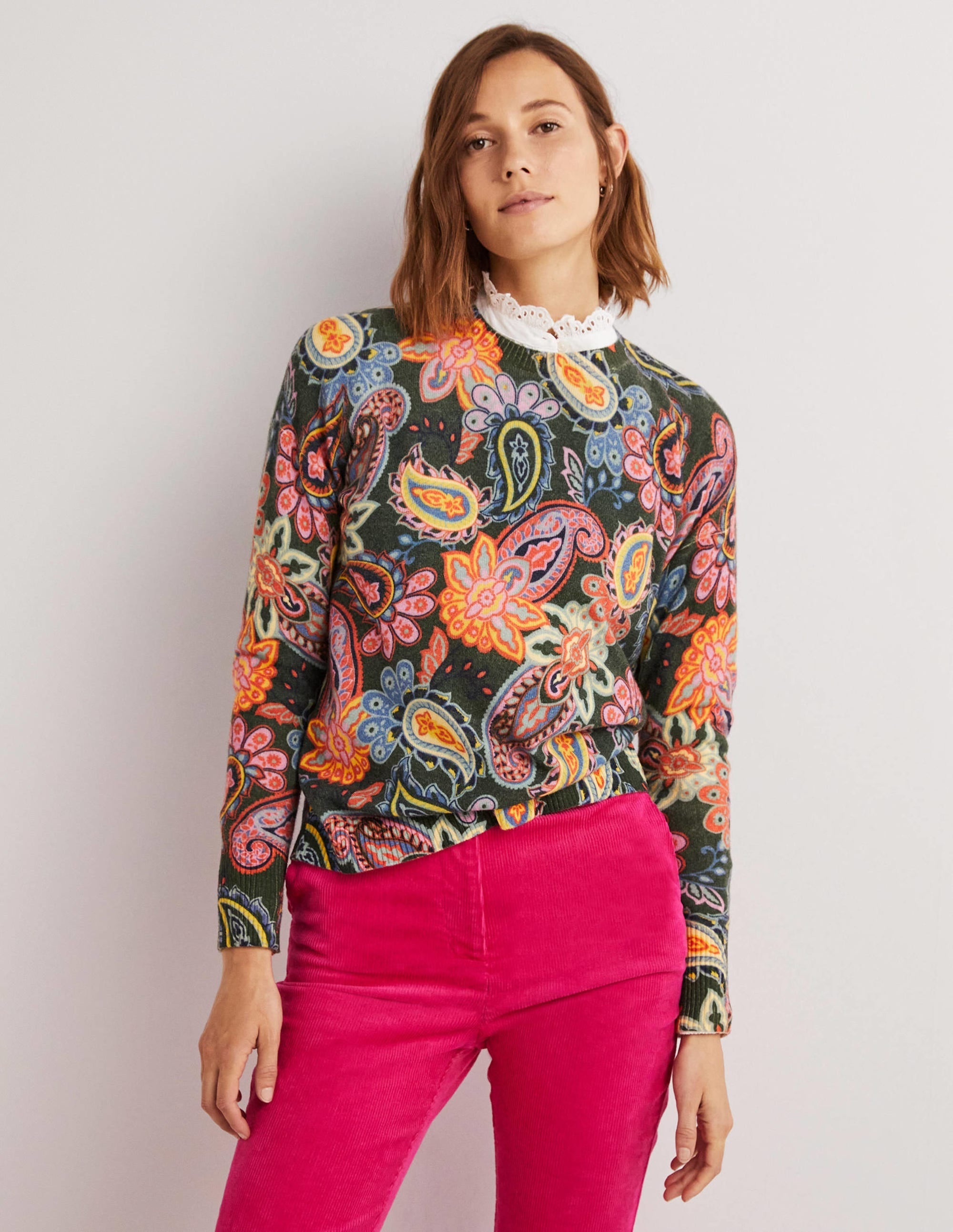 Margot Cashmere Jumper-Trekking Green, Paisley Charm - Image 1