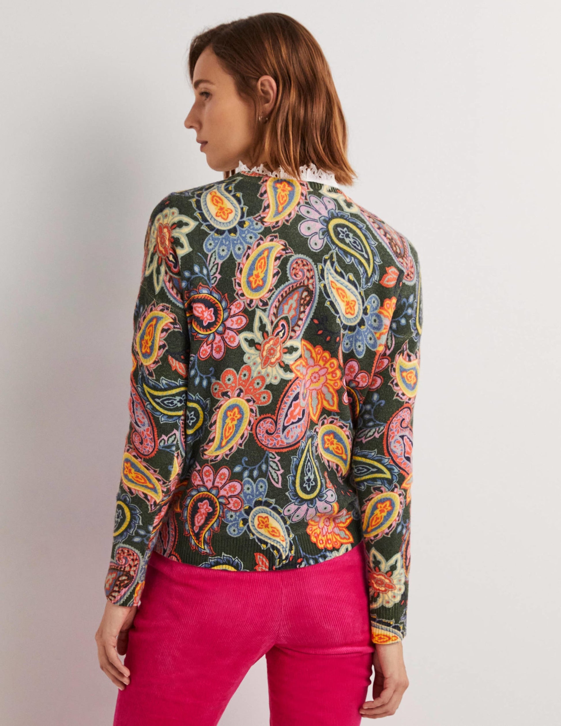 Margot Cashmere Jumper-Trekking Green, Paisley Charm-3