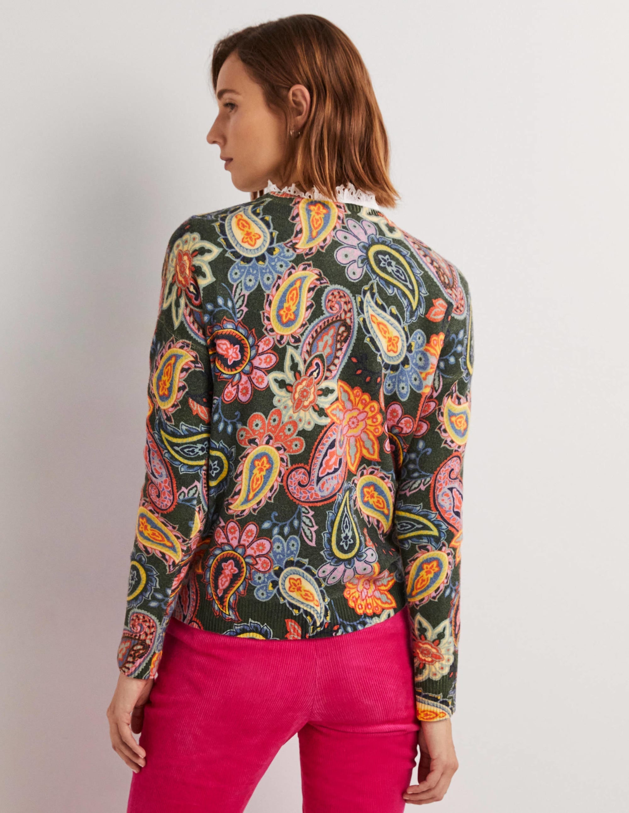 Margot Cashmere Jumper-Trekking Green, Paisley Charm - Image 3