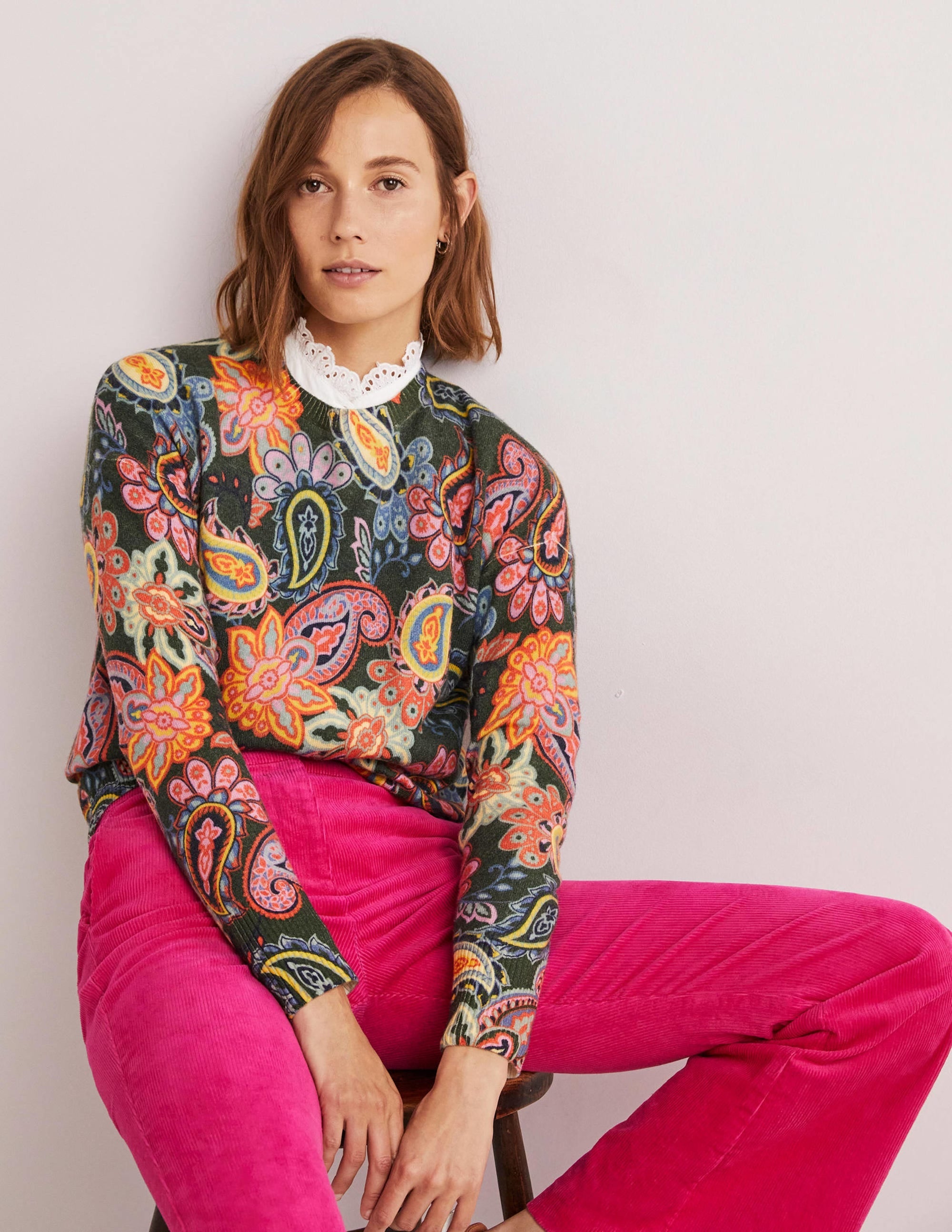 Margot Cashmere Jumper-Trekking Green, Paisley Charm - Image 5