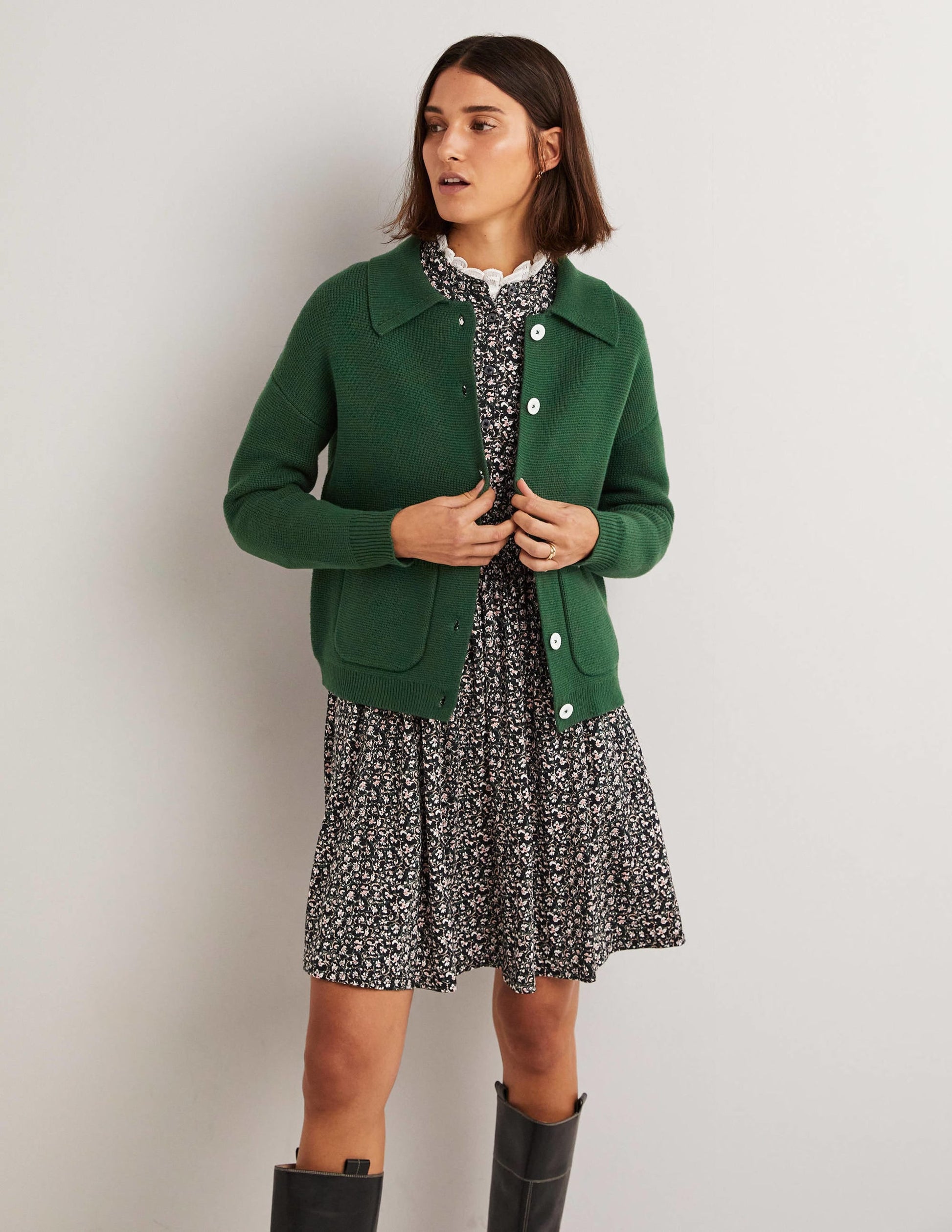 Wool Blend Cardigan-Hunter Green-4