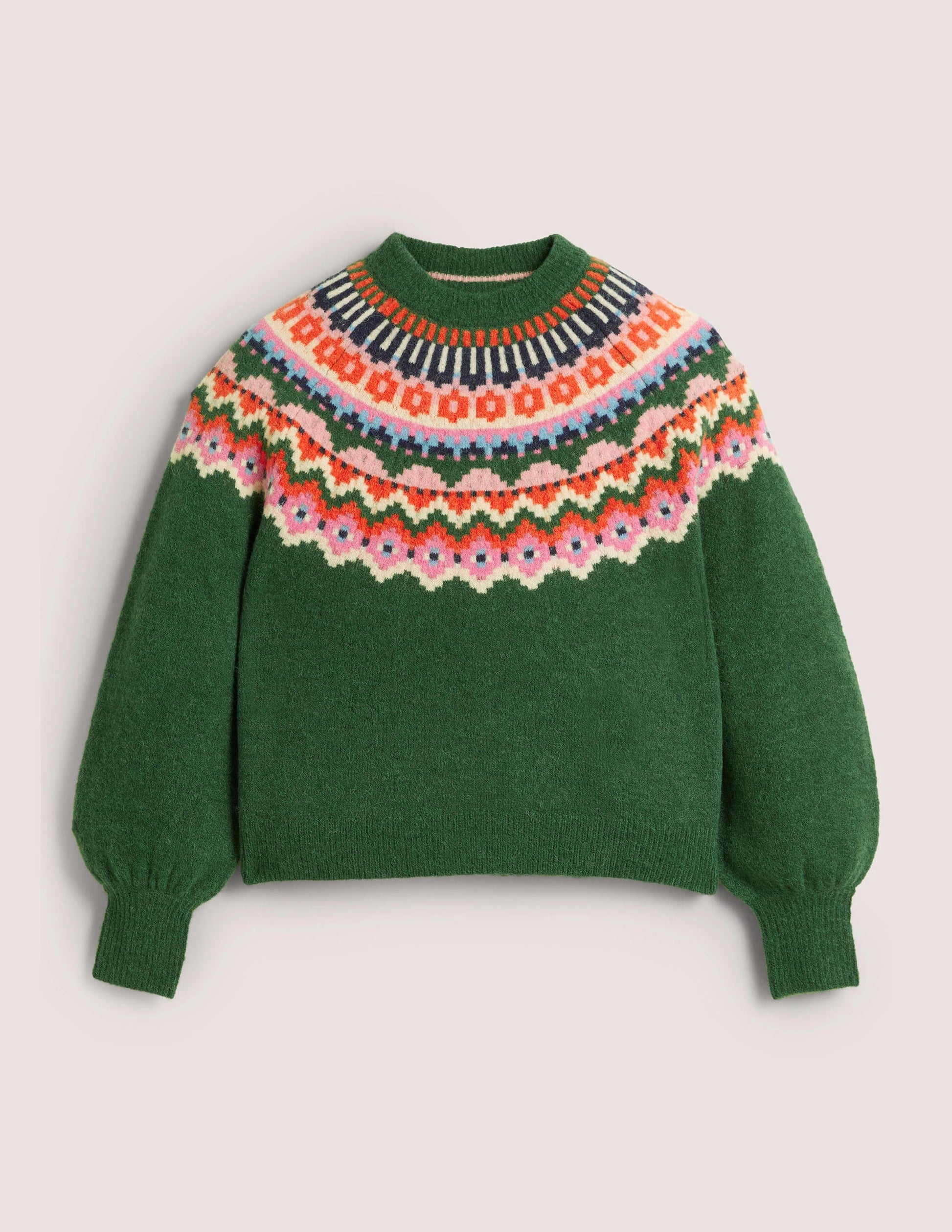 Blouson Sleeve Fluffy Jumper-Hunter Green, Fair Isle-8