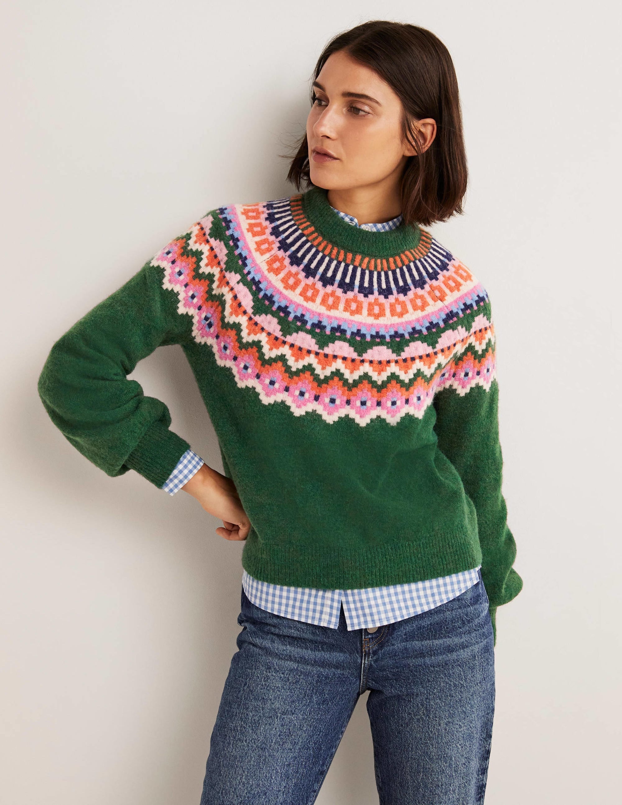 Blouson Sleeve Fluffy Jumper-Hunter Green, Fair Isle - Image 1