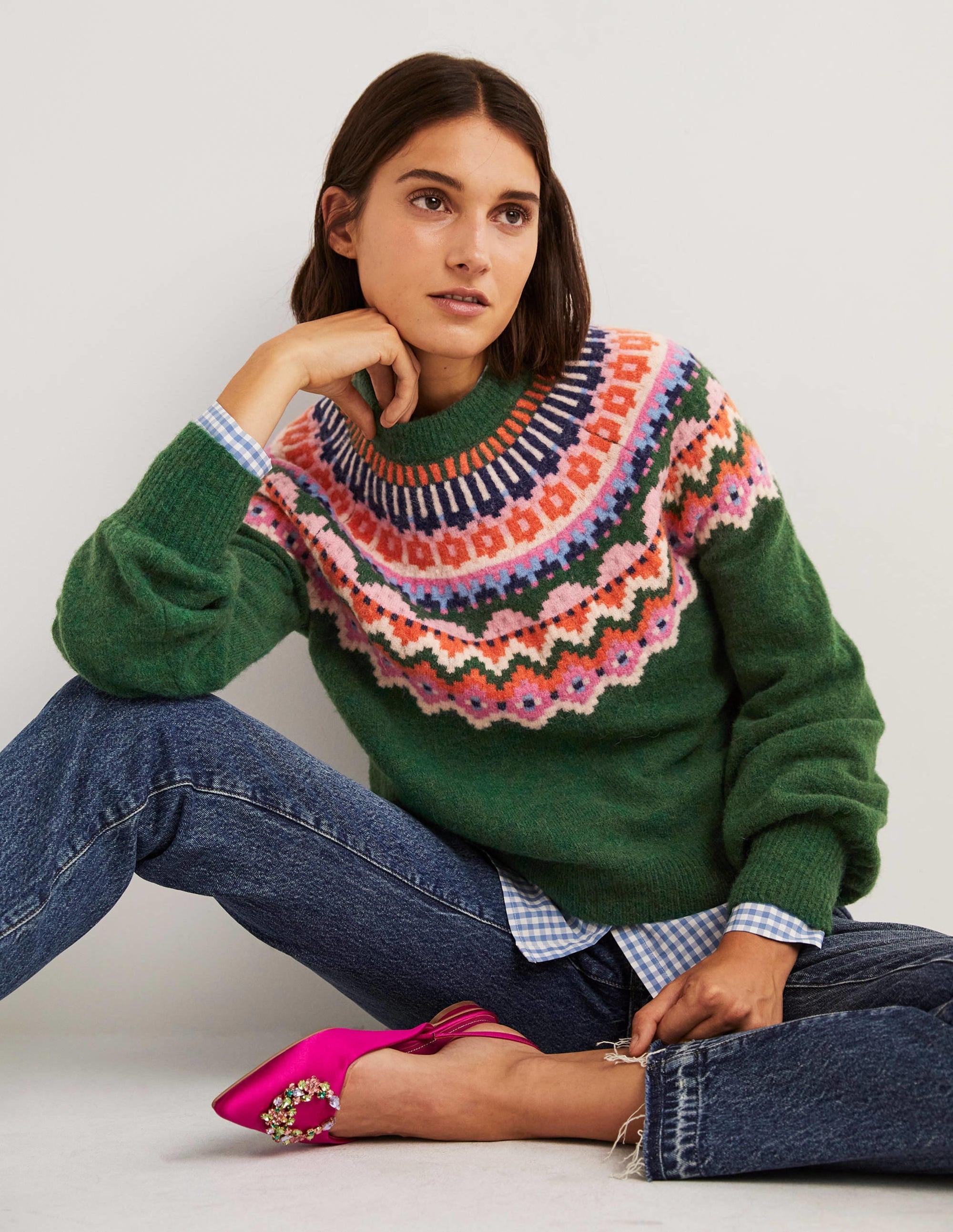 Blouson Sleeve Fluffy Jumper-Hunter Green, Fair Isle - Image 4