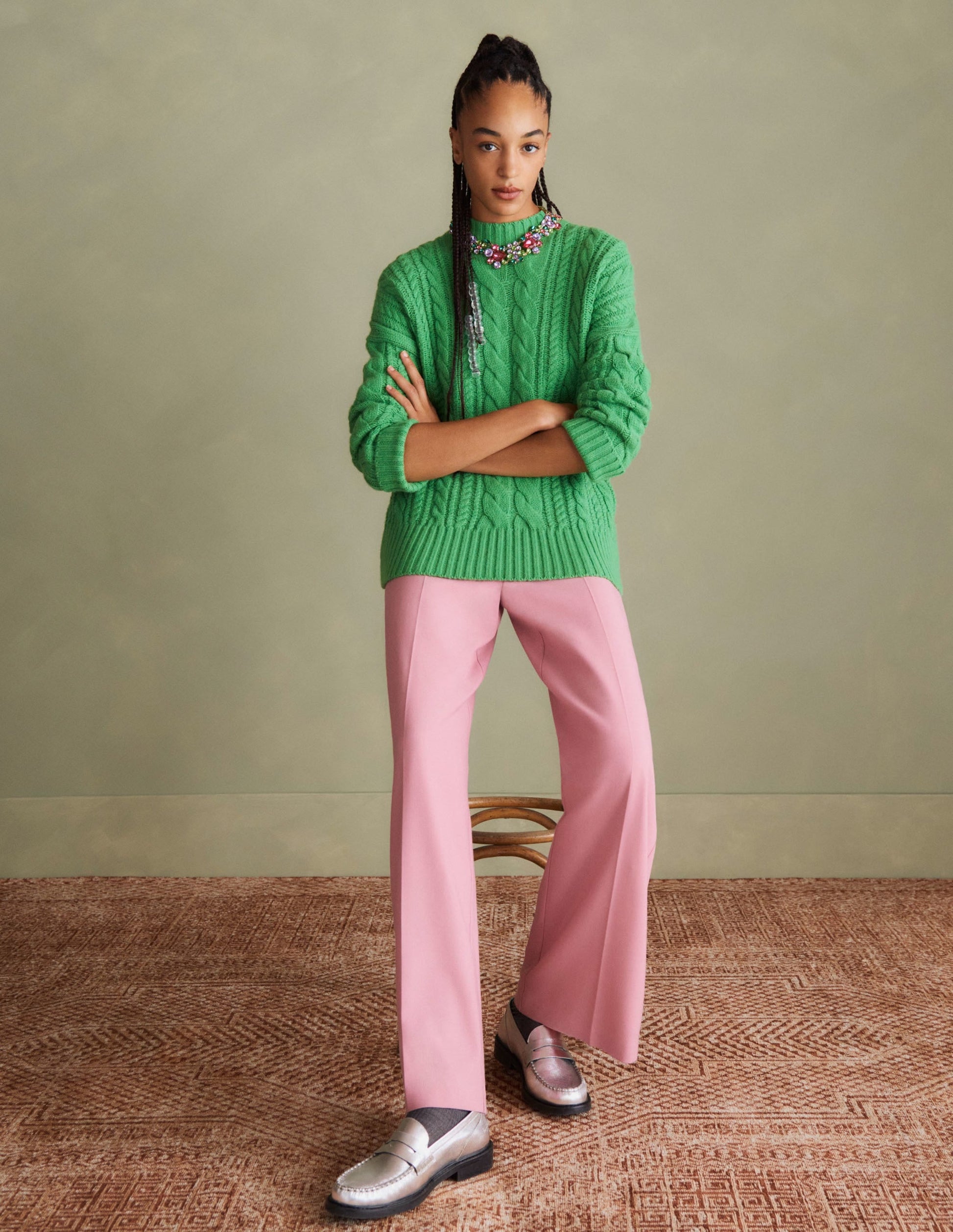 Cable Knit Jumper-Iguana Green-5