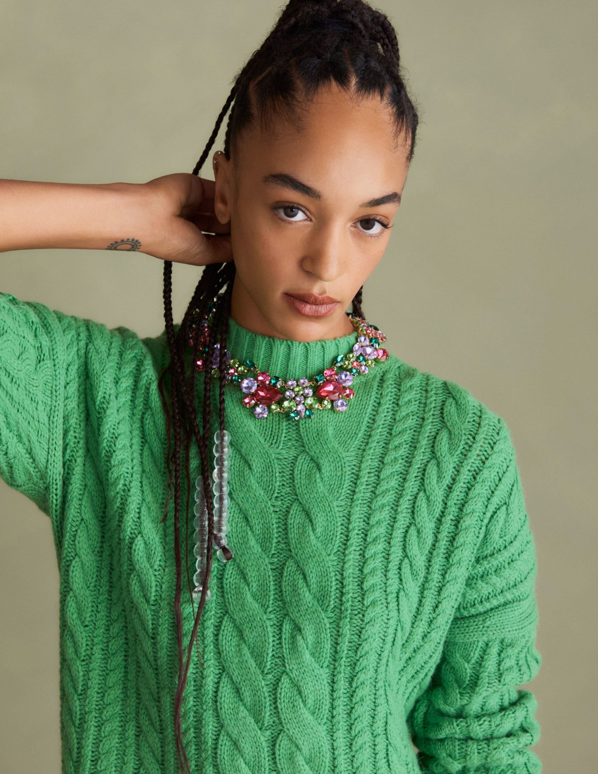 Cable Knit Jumper-Iguana Green-6