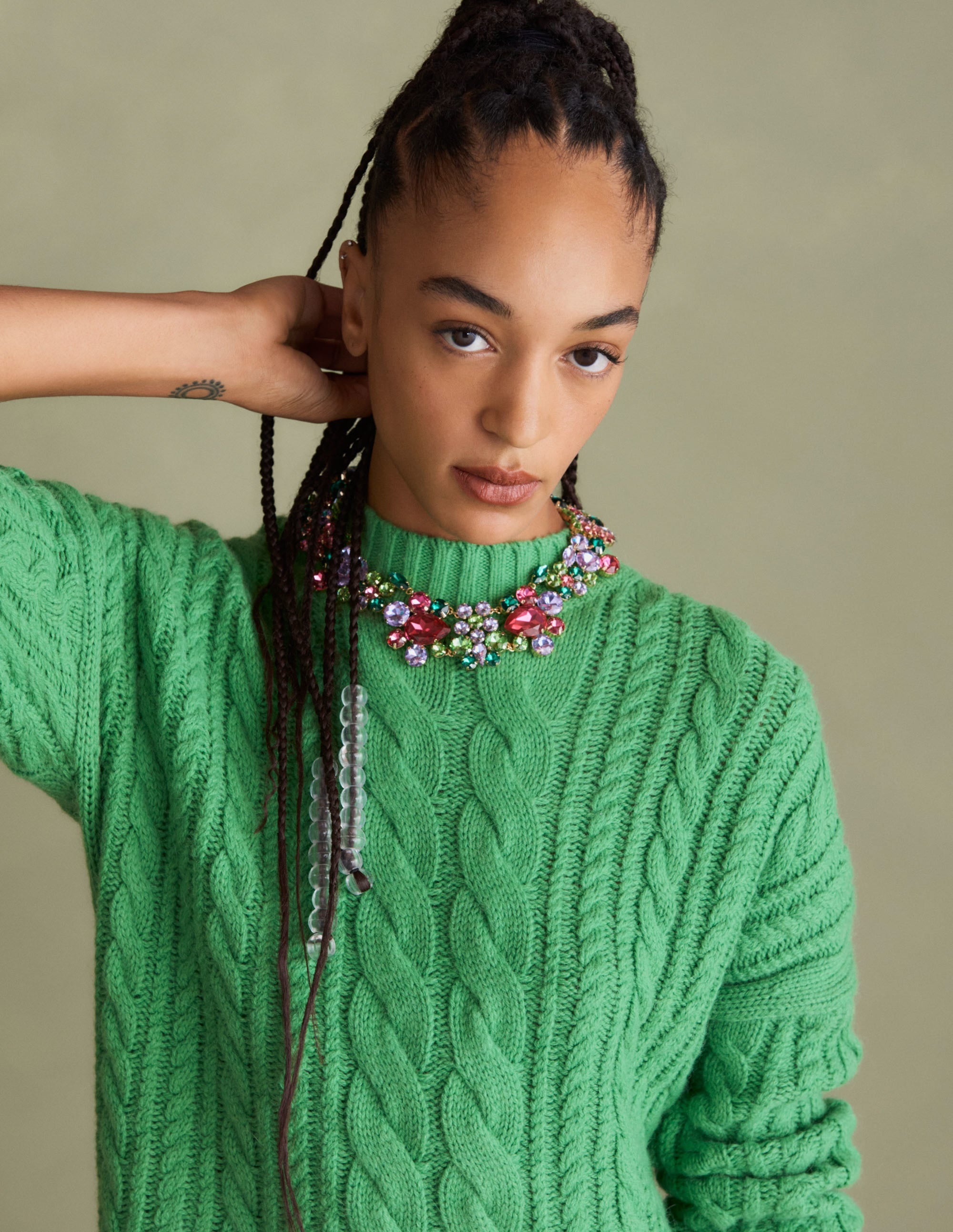 Cable Knit Jumper-Iguana Green - Image 6