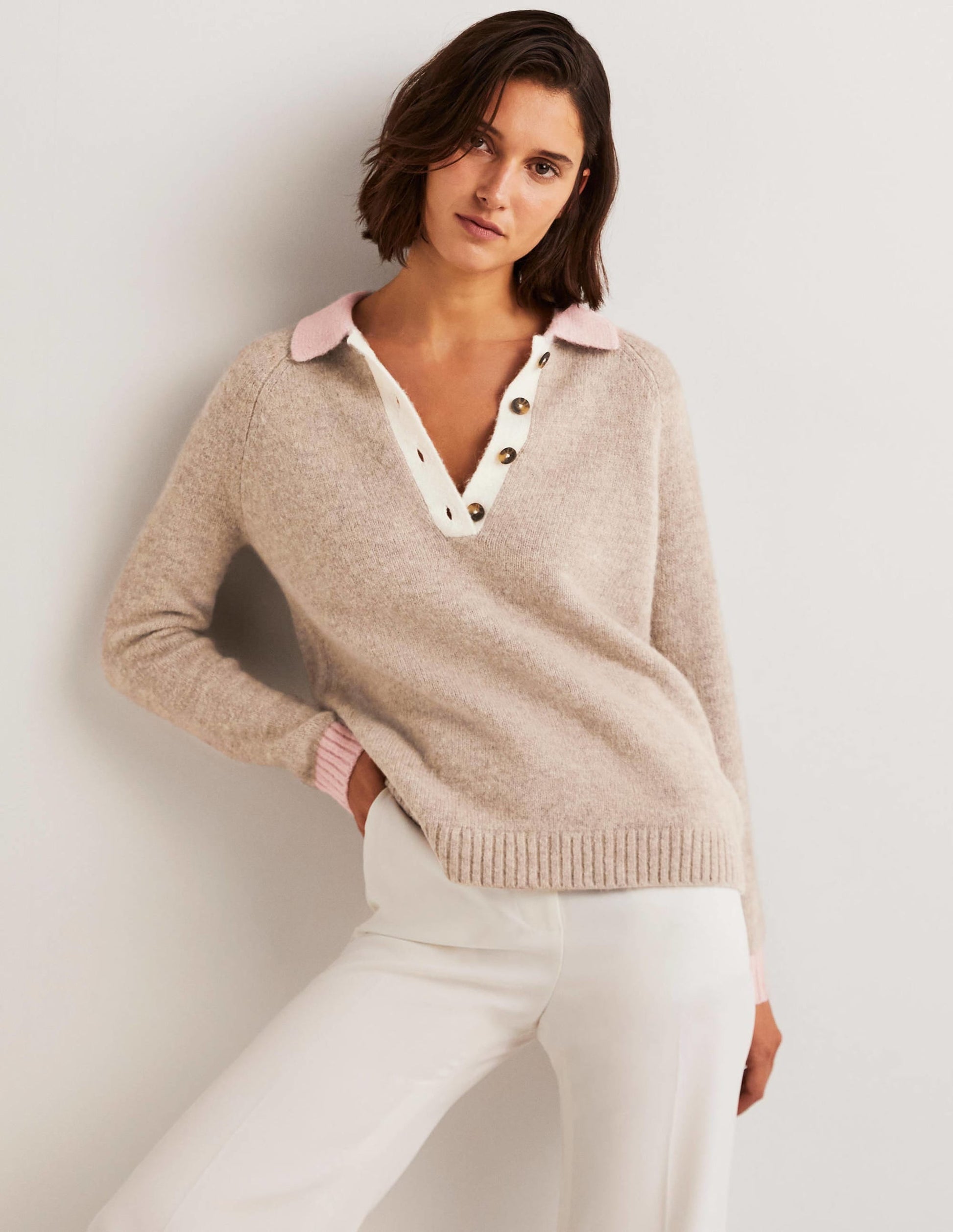 Fluffy Henley Jumper-Mink Melange, Pink Frosting-1