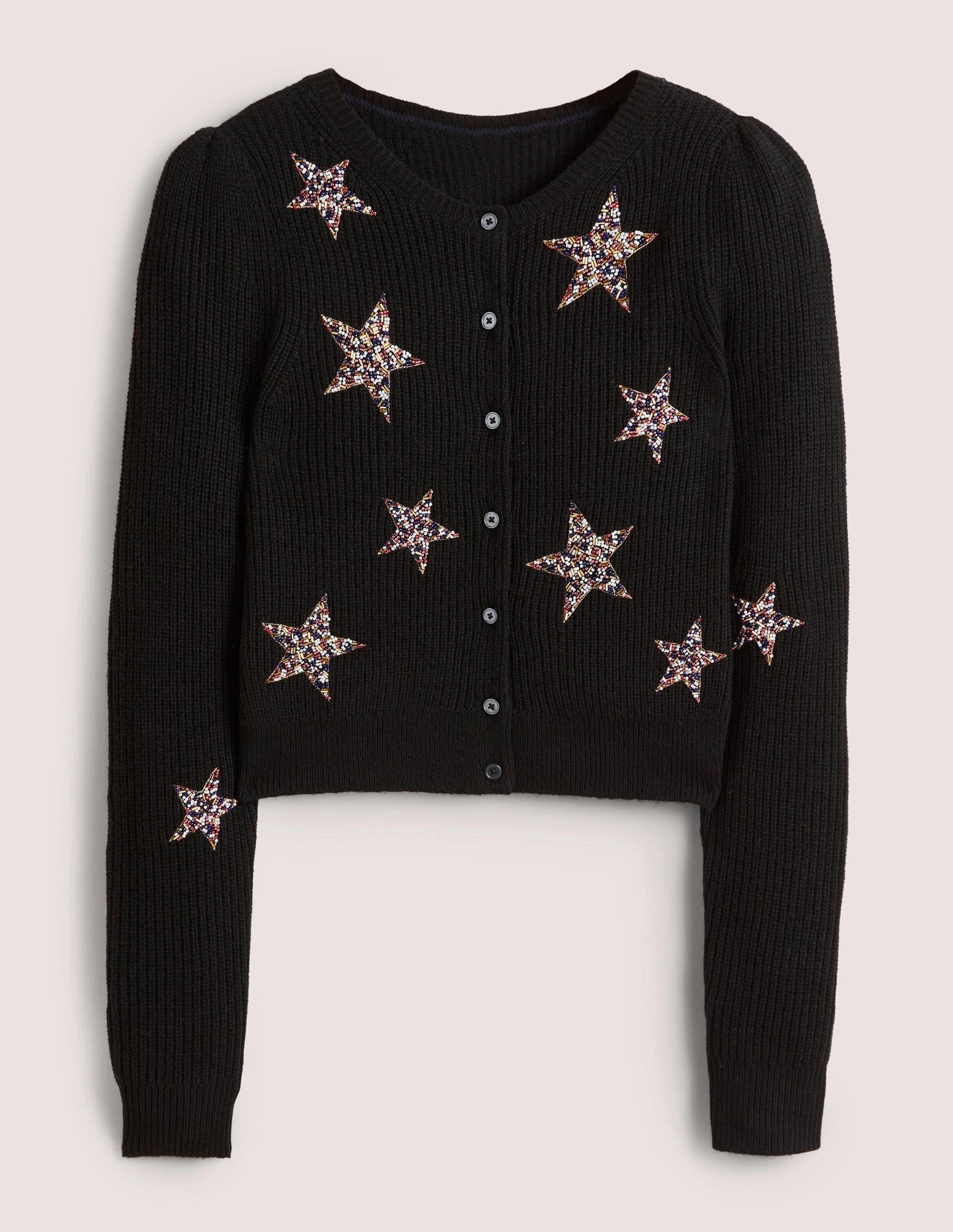 Black Star-Embellished Ribbed Cardigan-Black, Embellished Stars-6