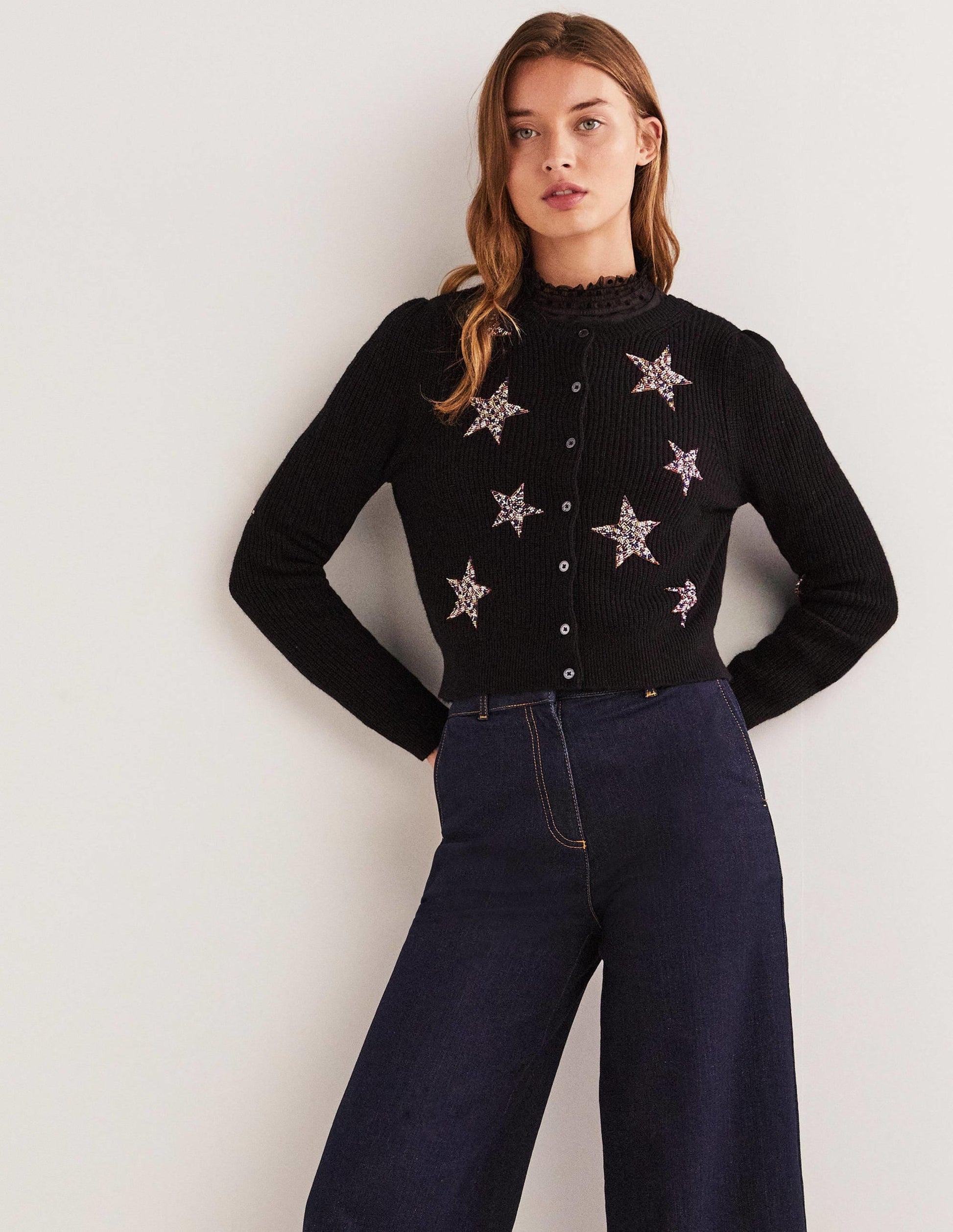 Black Star-Embellished Ribbed Cardigan-Black, Embellished Stars-1
