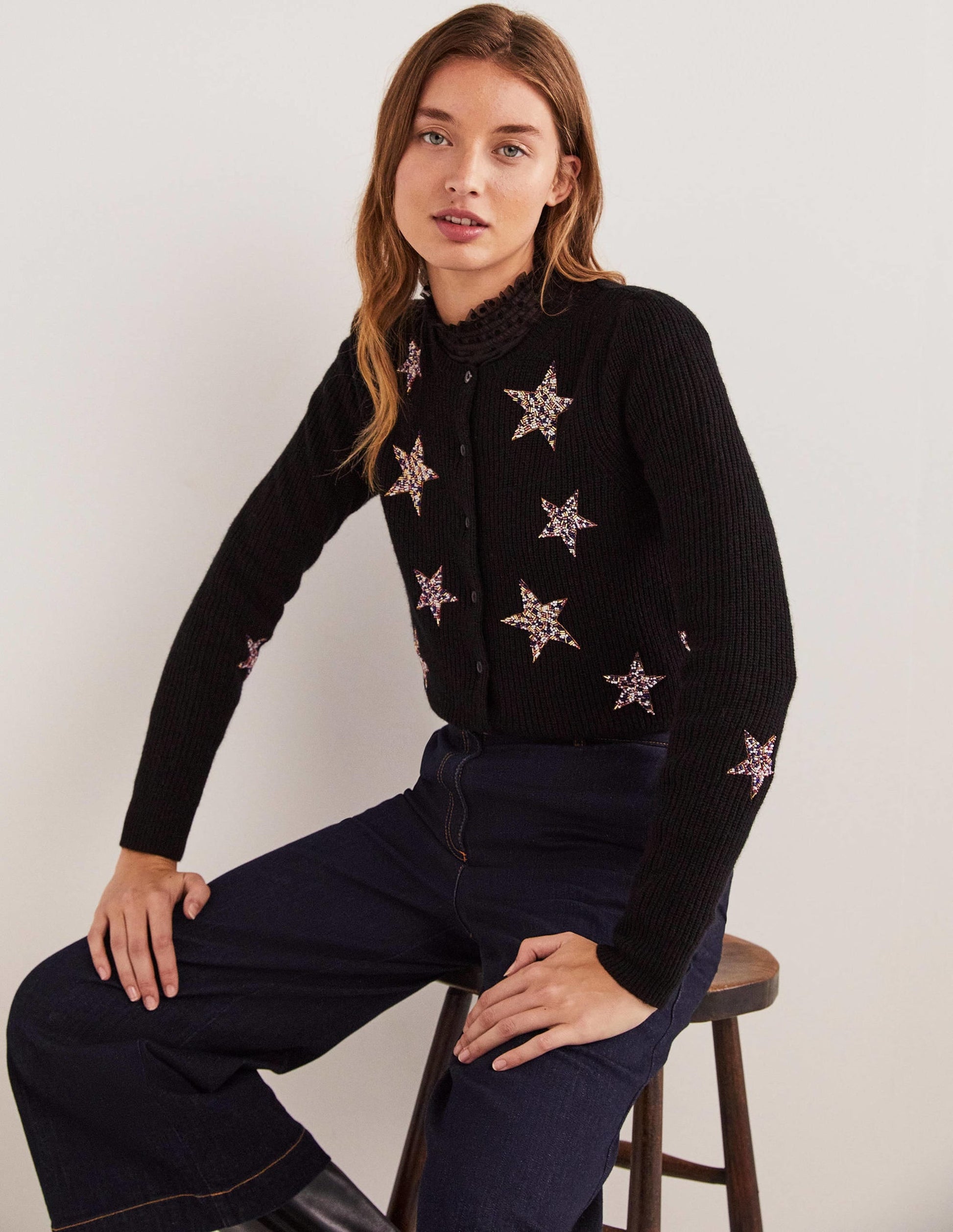 Black Star-Embellished Ribbed Cardigan-Black, Embellished Stars-4