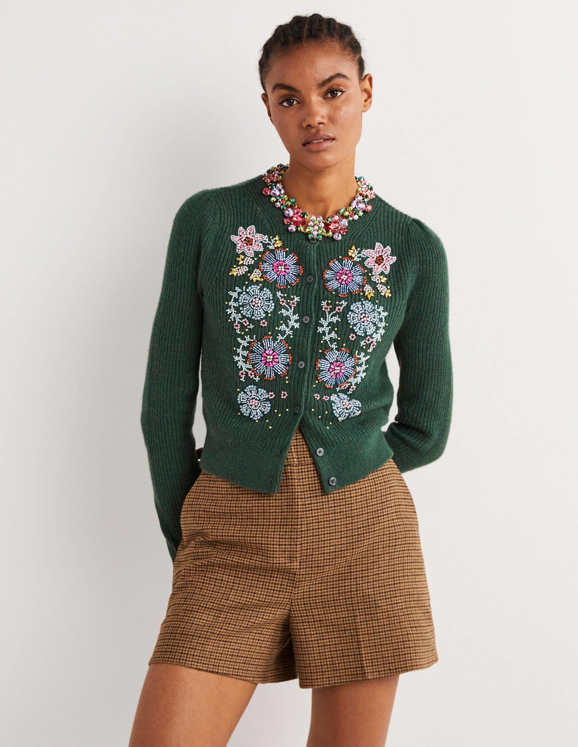 Embellished Ribbed Cardigan-Trekking Green-1