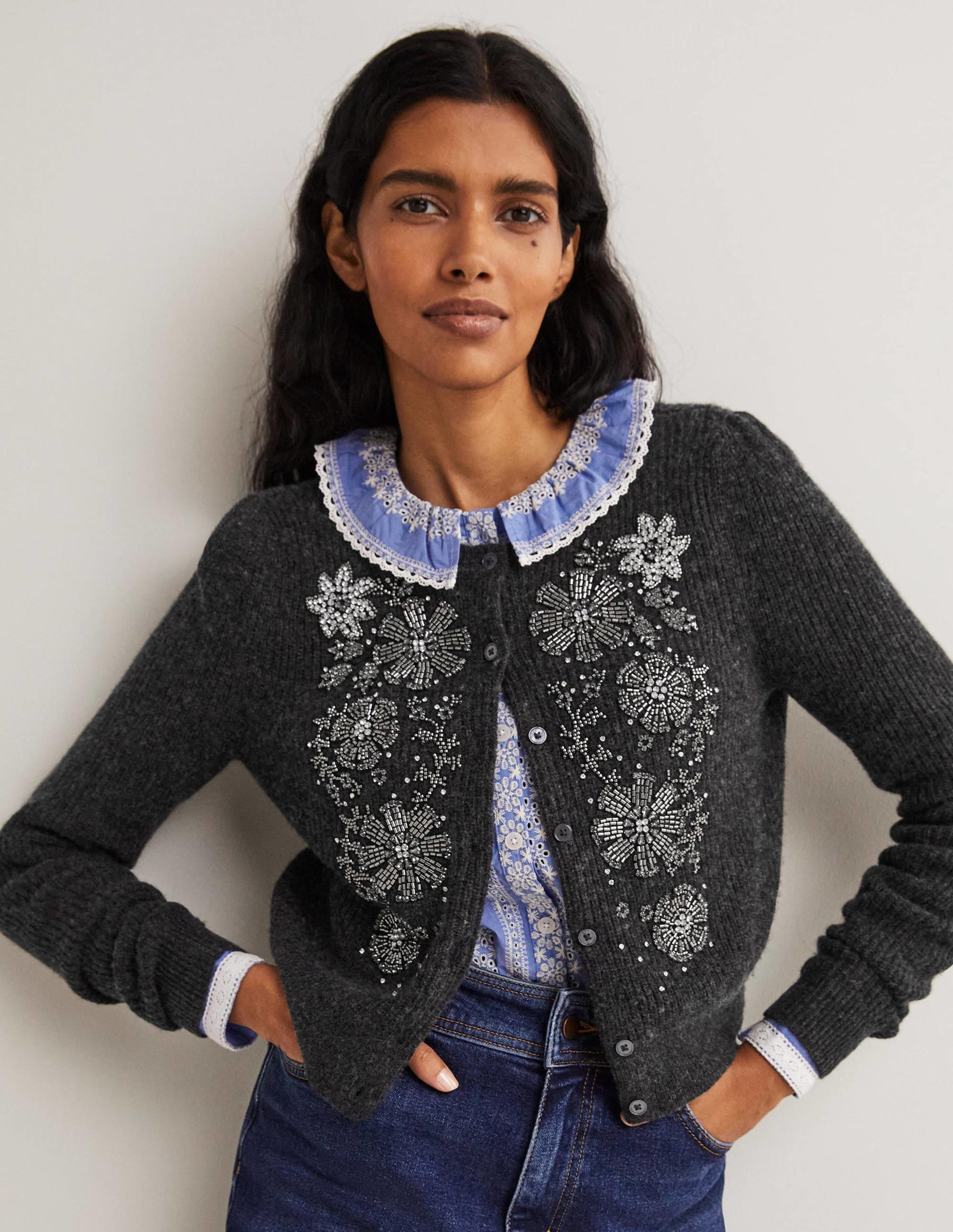 Embellished Ribbed Cardigan-Charcoal Melange-1