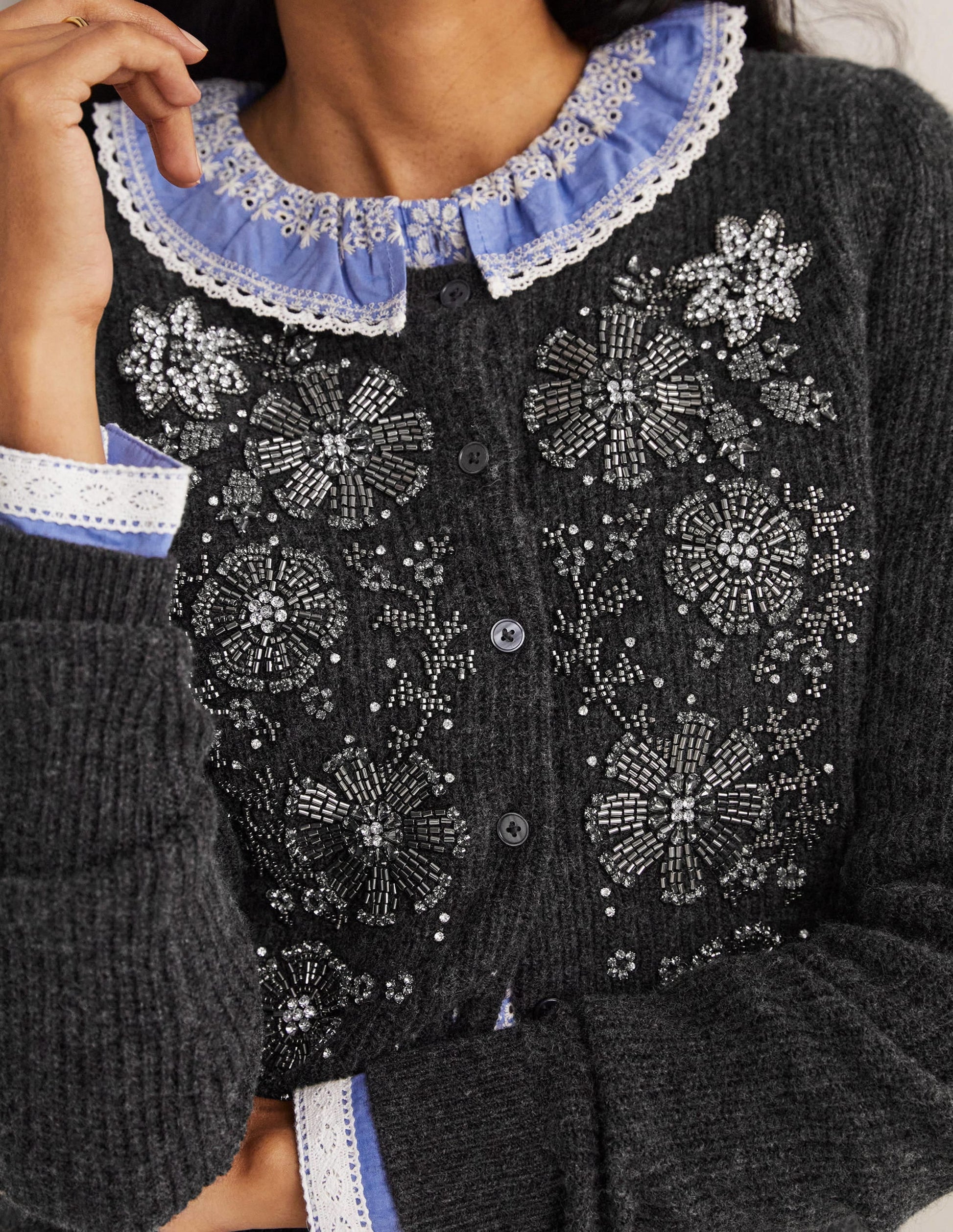 Embellished Ribbed Cardigan-Charcoal Melange-2