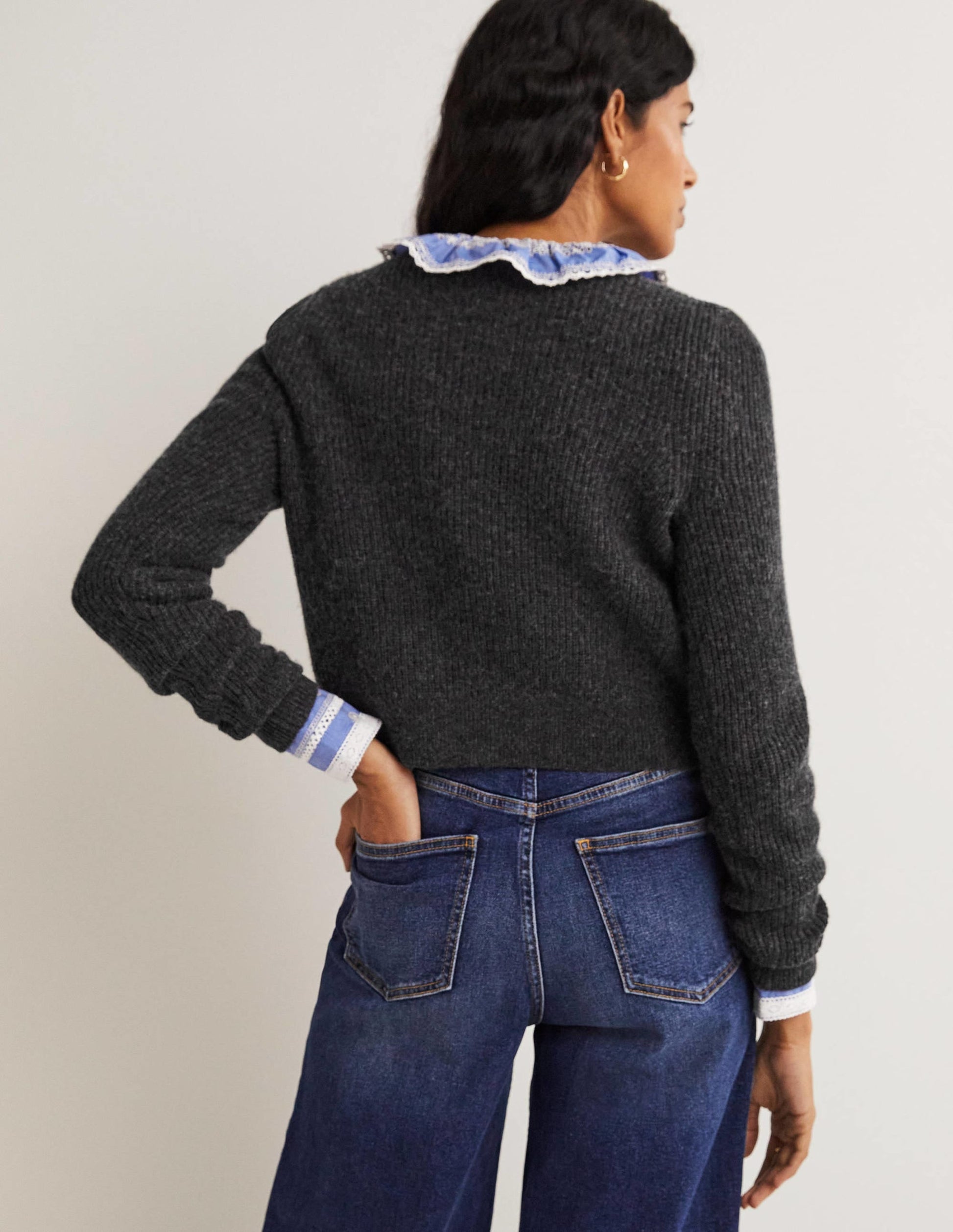 Embellished Ribbed Cardigan-Charcoal Melange-3