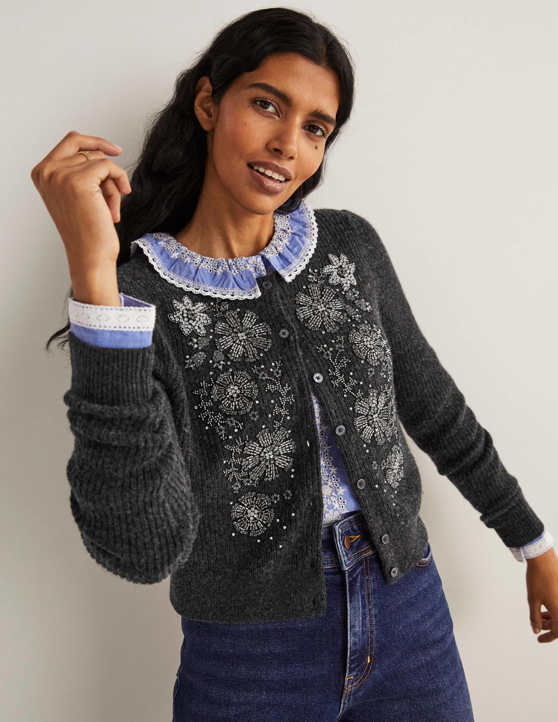 Embellished Ribbed Cardigan-Charcoal Melange-4