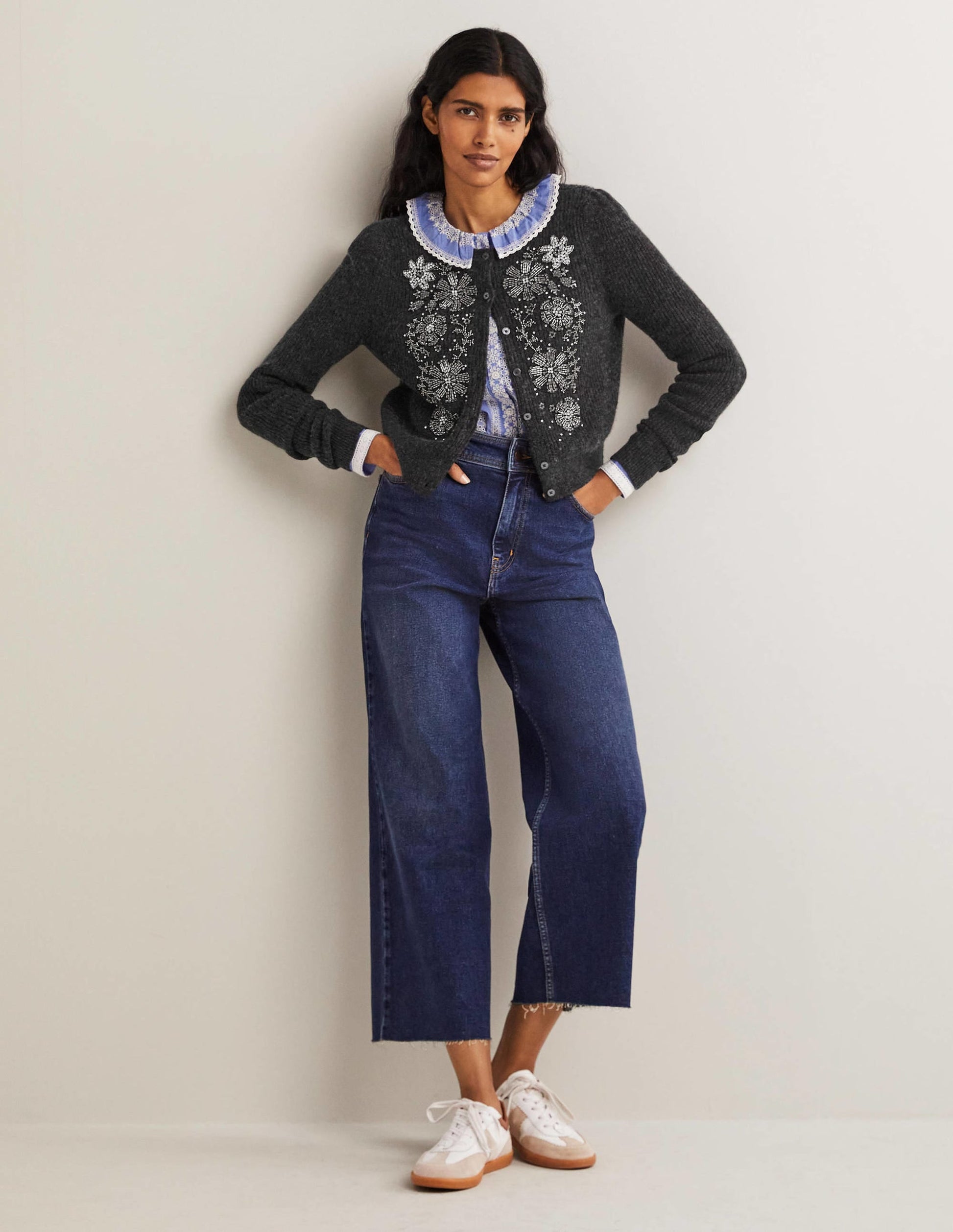 Embellished Ribbed Cardigan-Charcoal Melange-5