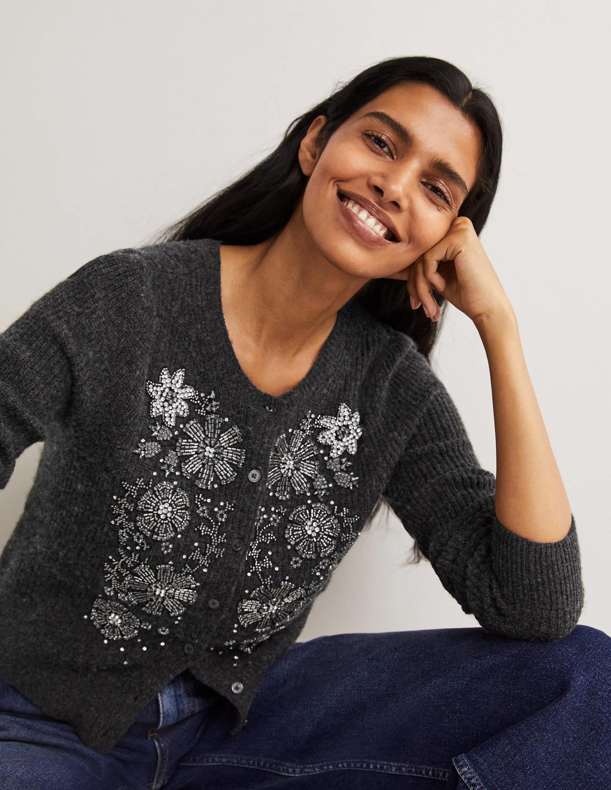Embellished Ribbed Cardigan-Charcoal Melange-6