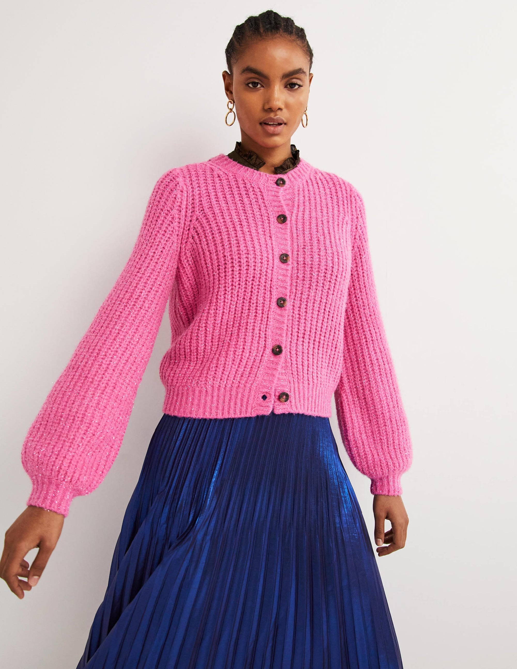 Pink Chunky Ribbed Fluffy Cardigan-Bright Pink Sparkle - Image 1