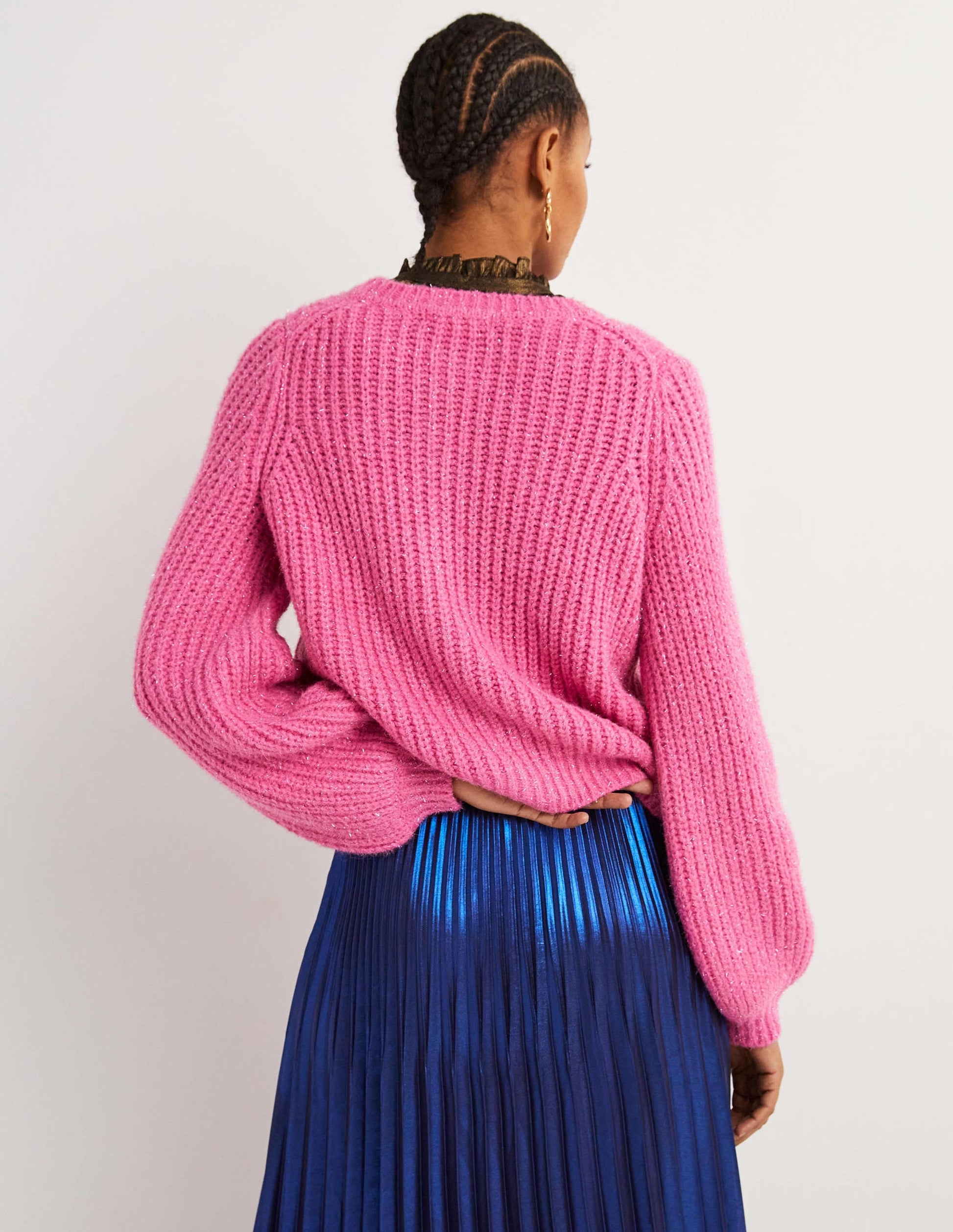 Pink Chunky Ribbed Fluffy Cardigan-Bright Pink Sparkle-3