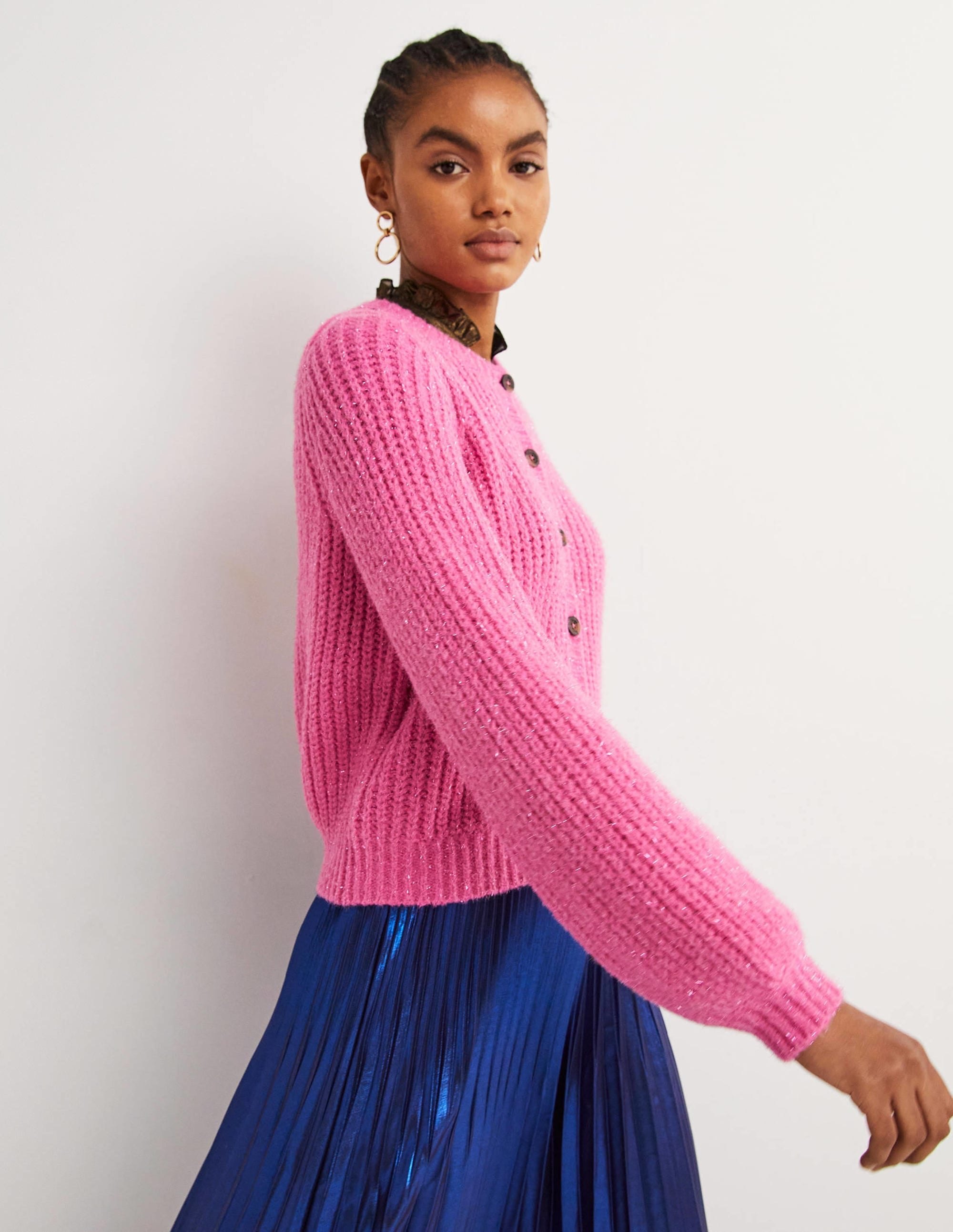 Pink Chunky Ribbed Fluffy Cardigan-Bright Pink Sparkle - Image 4