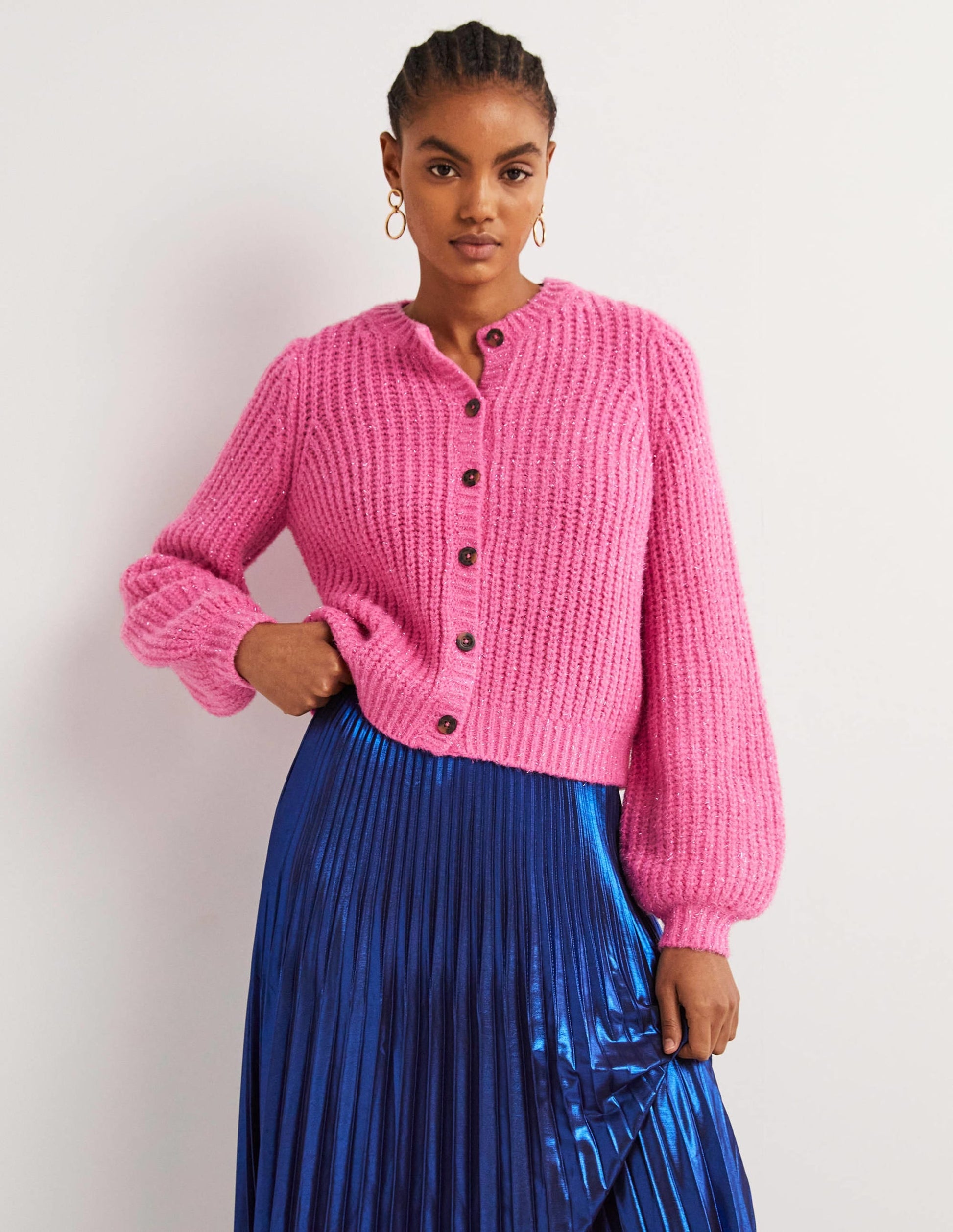 Pink Chunky Ribbed Fluffy Cardigan-Bright Pink Sparkle-5