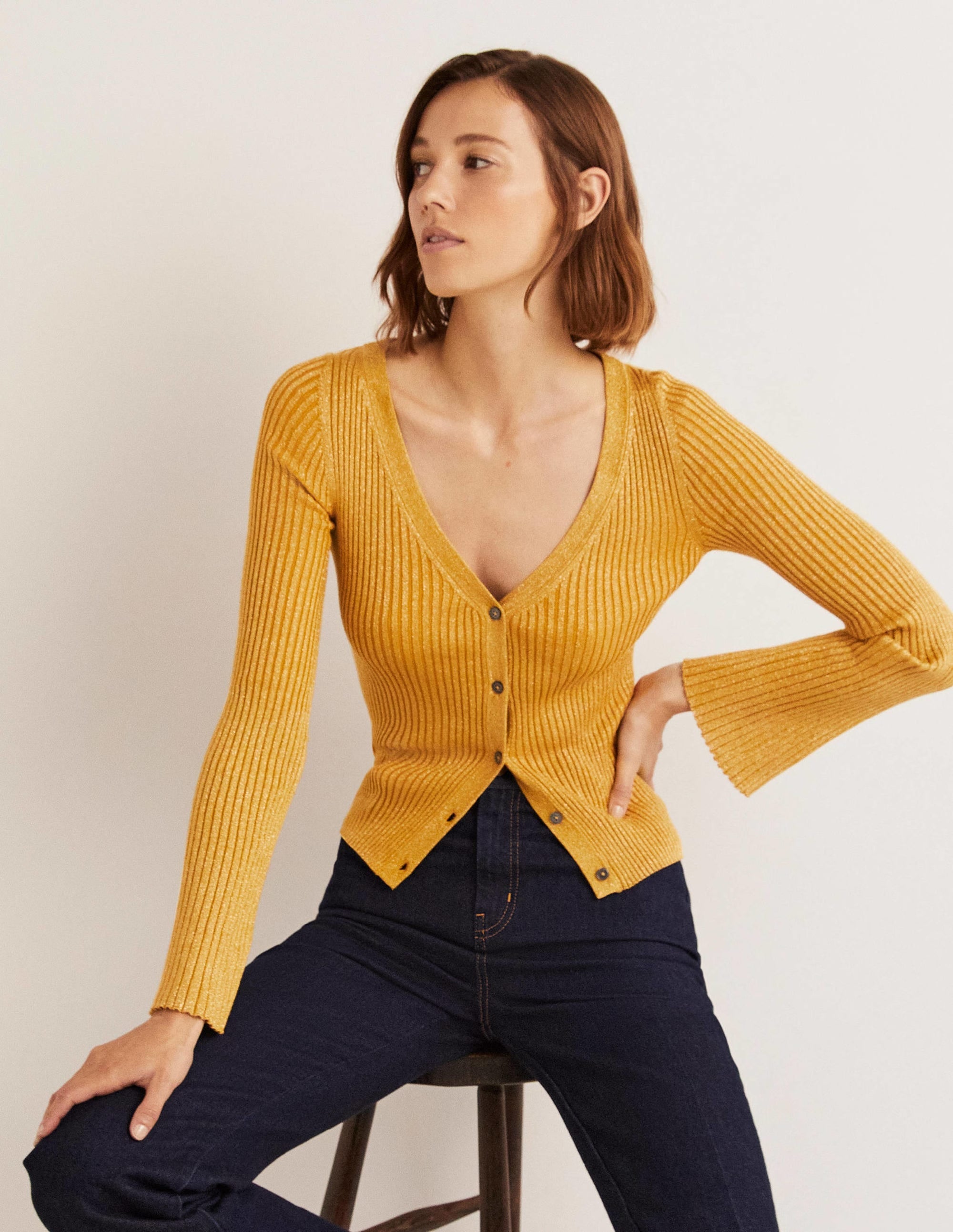 Gold Ribbed Metallic Cardigan-Gold - Image 1