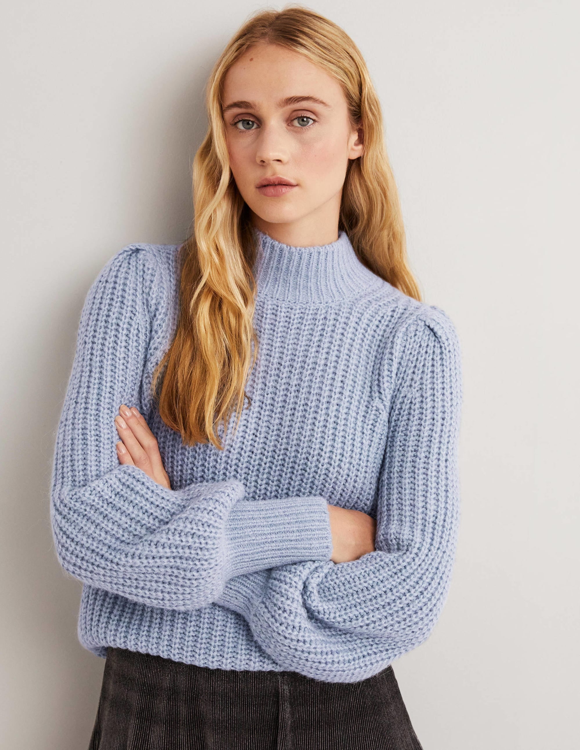 Ribbed Fluffy High Neck Jumper-Corporal Blue Melange - Image 1