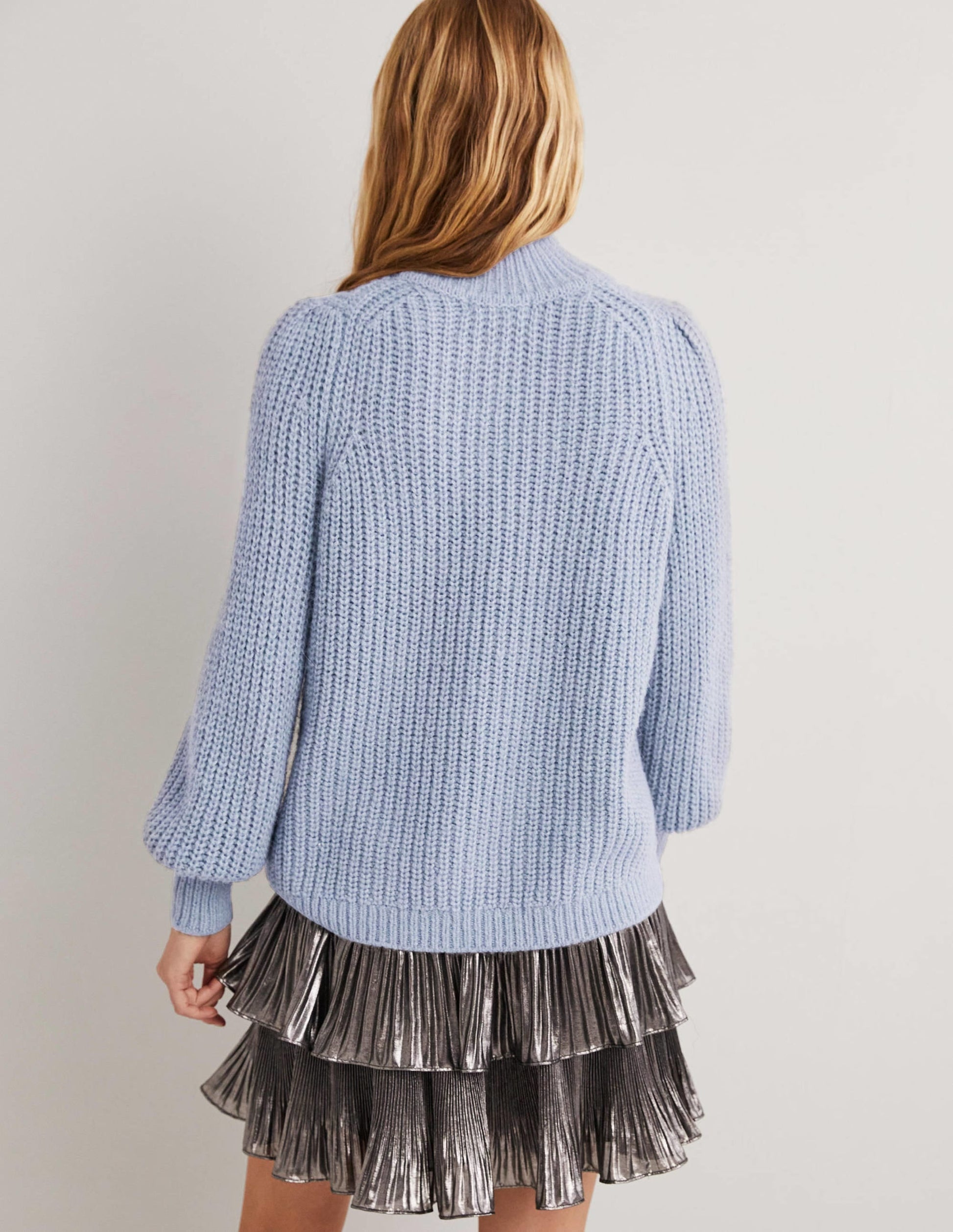 Ribbed Fluffy High Neck Jumper-Corporal Blue Melange-3