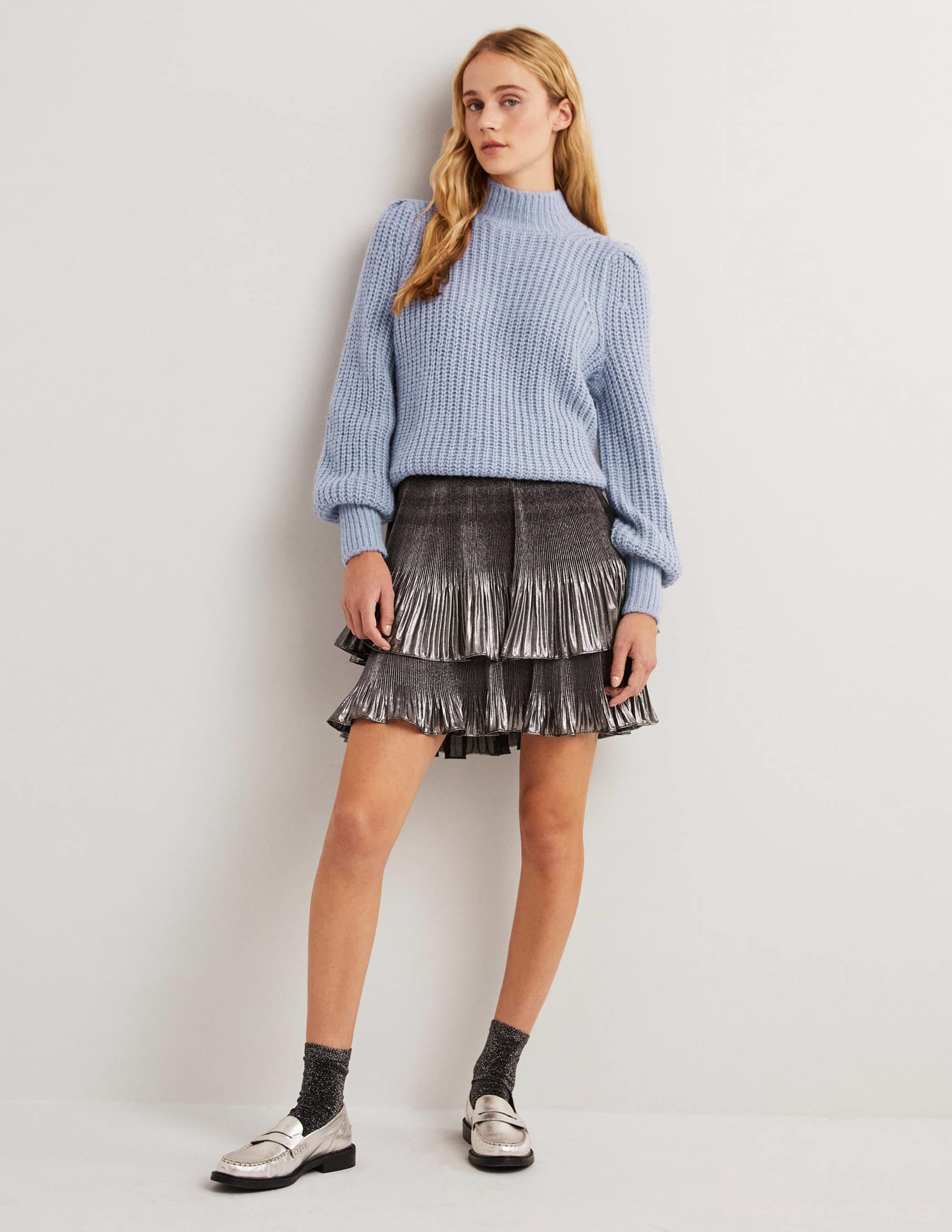 Ribbed Fluffy High Neck Jumper-Corporal Blue Melange - Image 4
