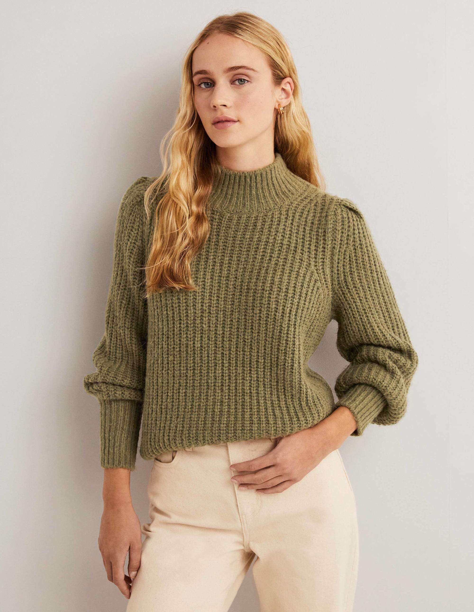 Ribbed Fluffy High Neck Jumper-Kale Green - Image 1