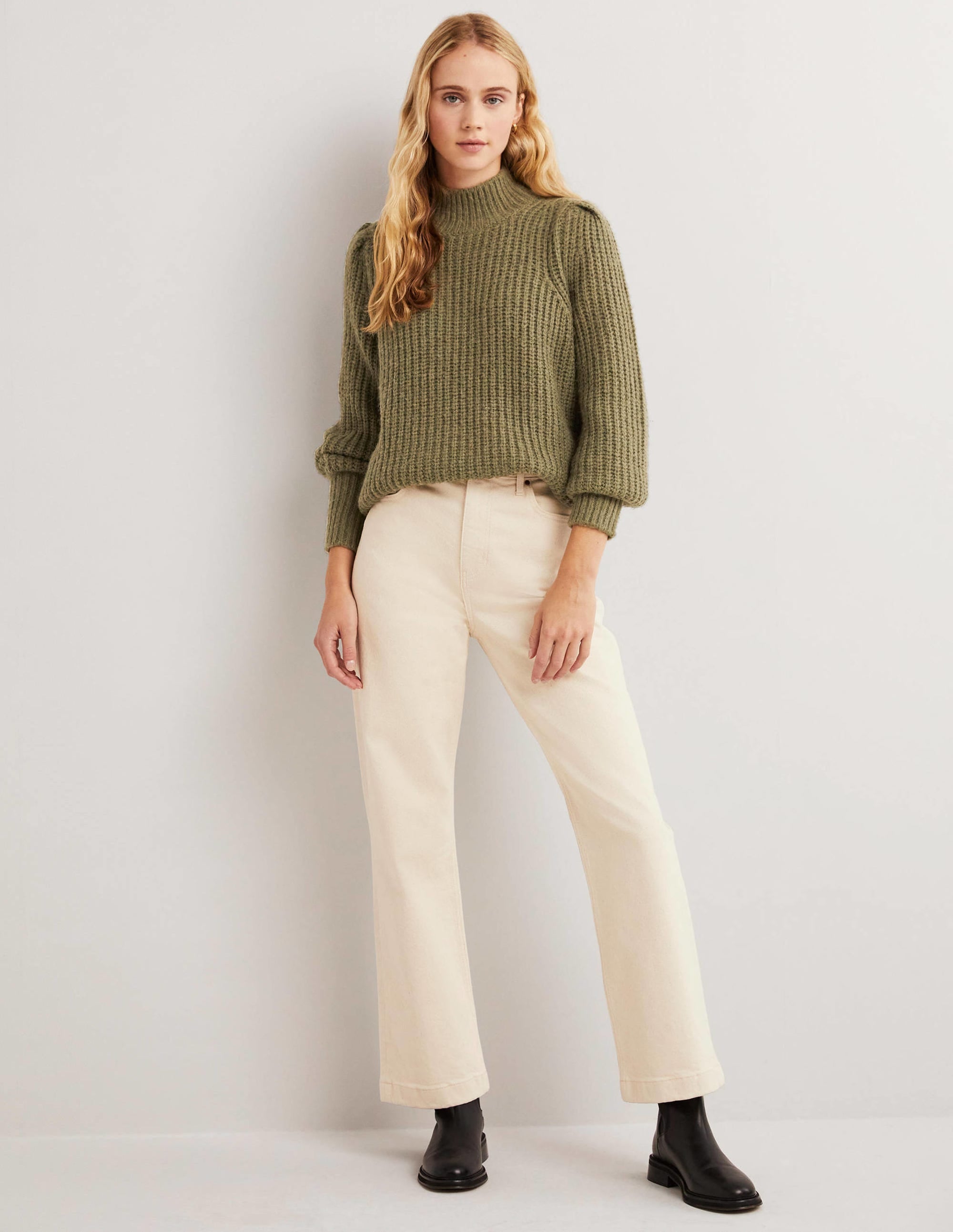 Ribbed Fluffy High Neck Jumper-Kale Green - Image 4