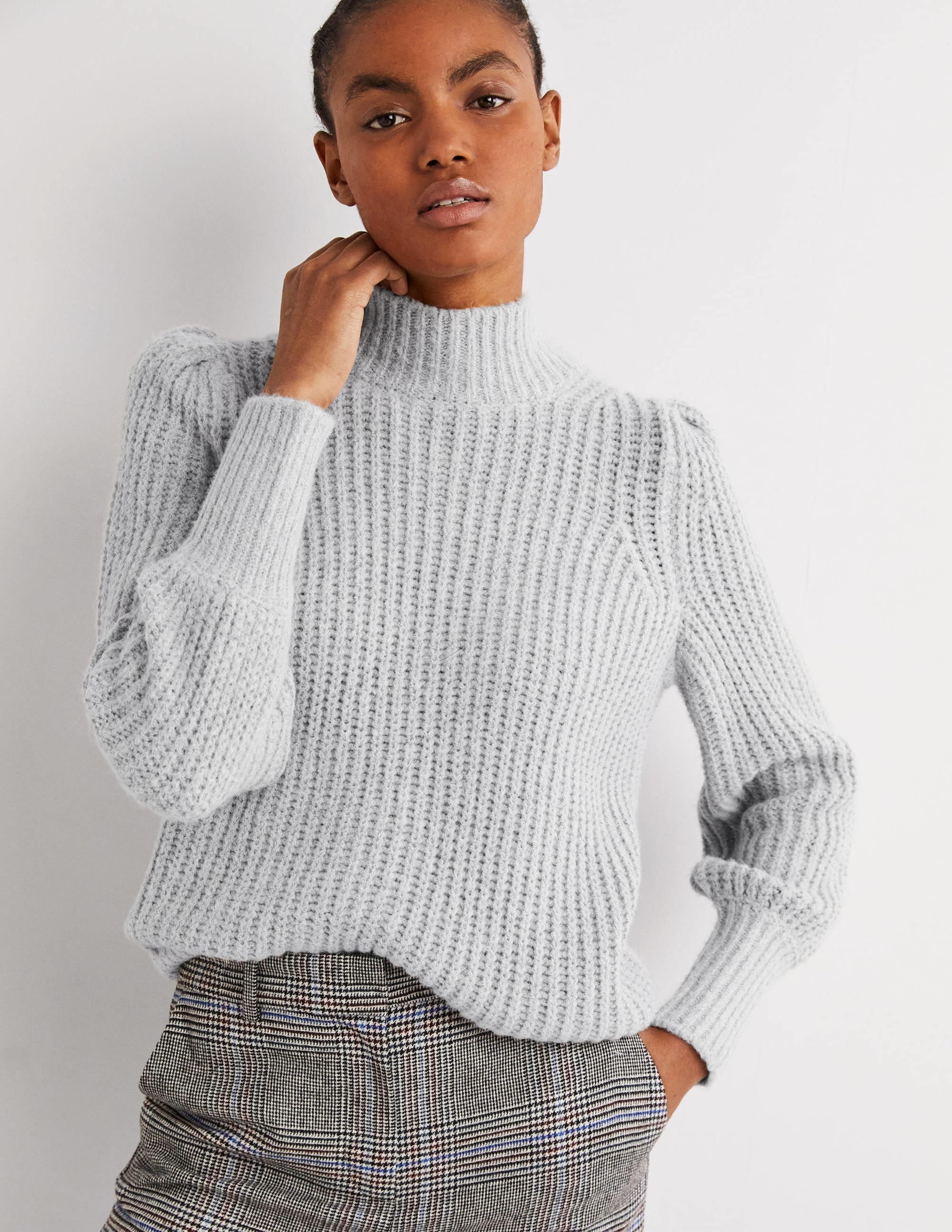 Ribbed Fluffy High Neck Jumper-Grey Melange - Image 4