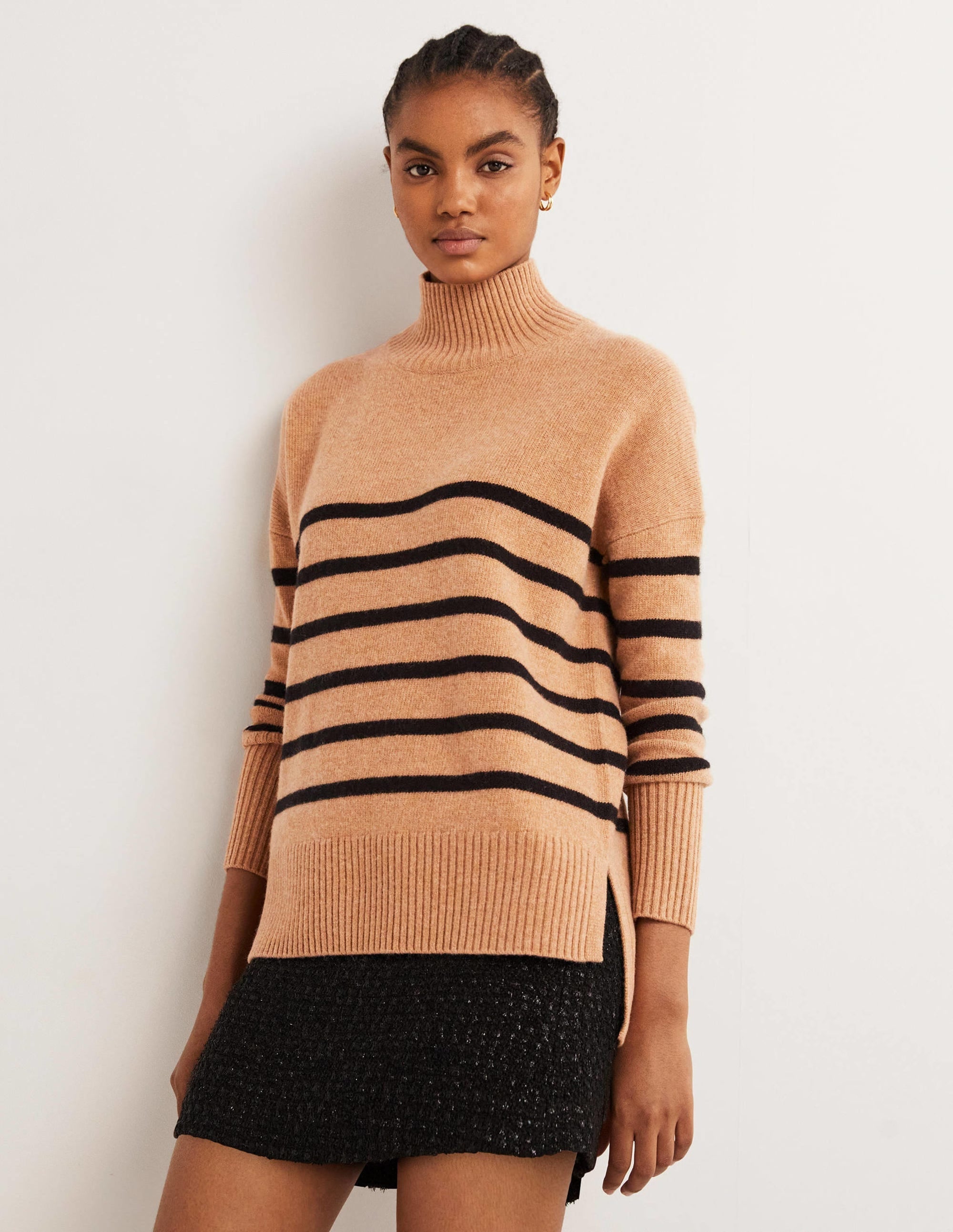 Jessica Oversized Jumper-Camel Melange, Black Stripe - Image 1