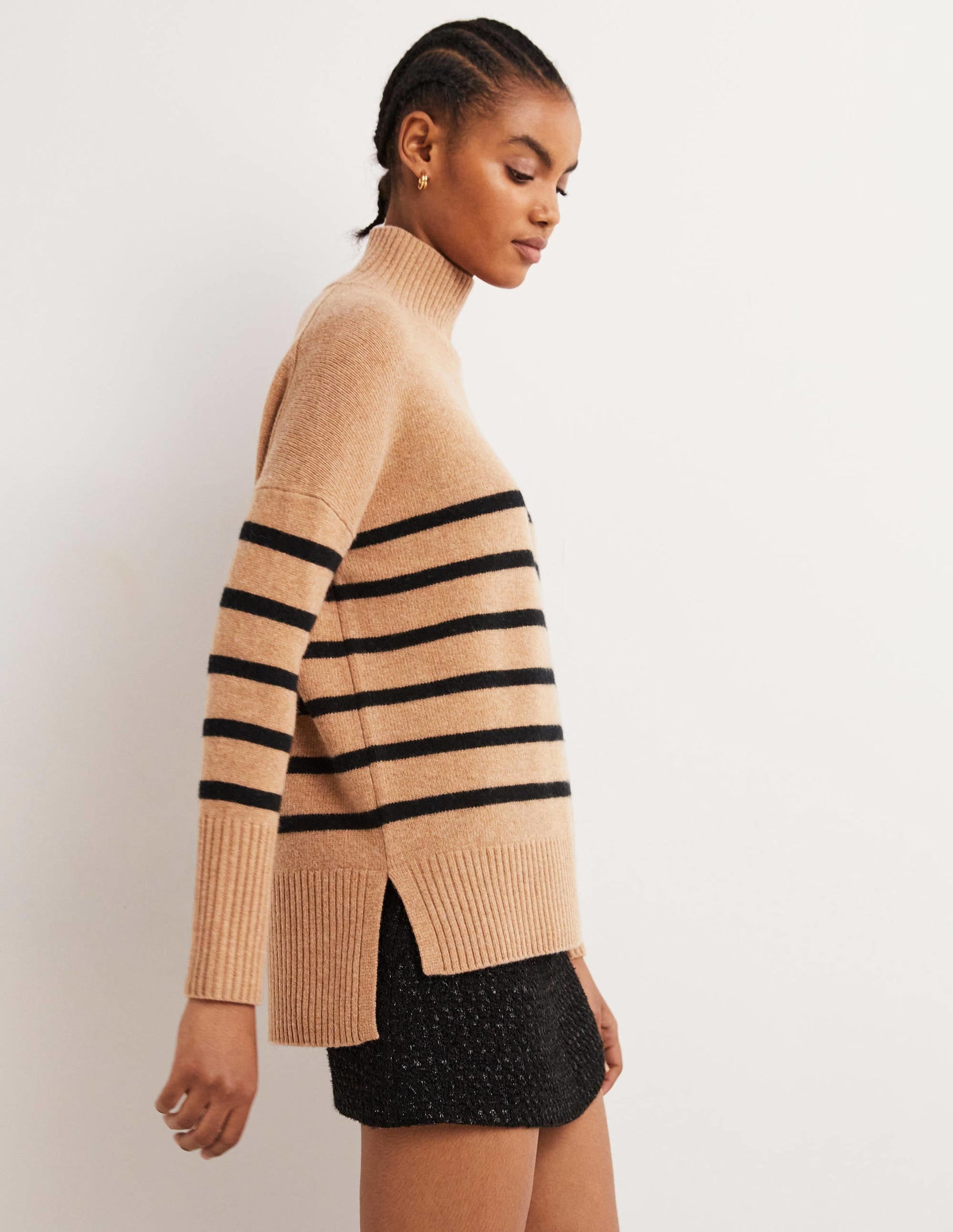 Jessica Oversized Jumper-Camel Melange, Black Stripe-4