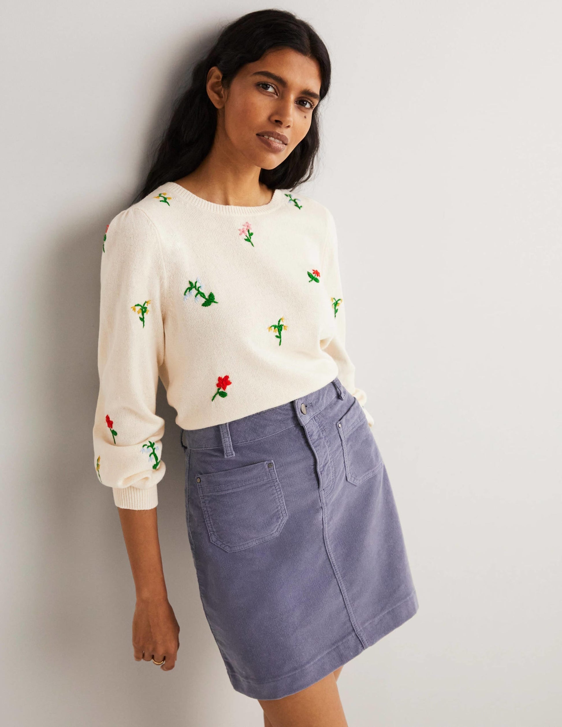 Embroidered Knitted Jumper-Warm Ivory, Flower Embroidery-1