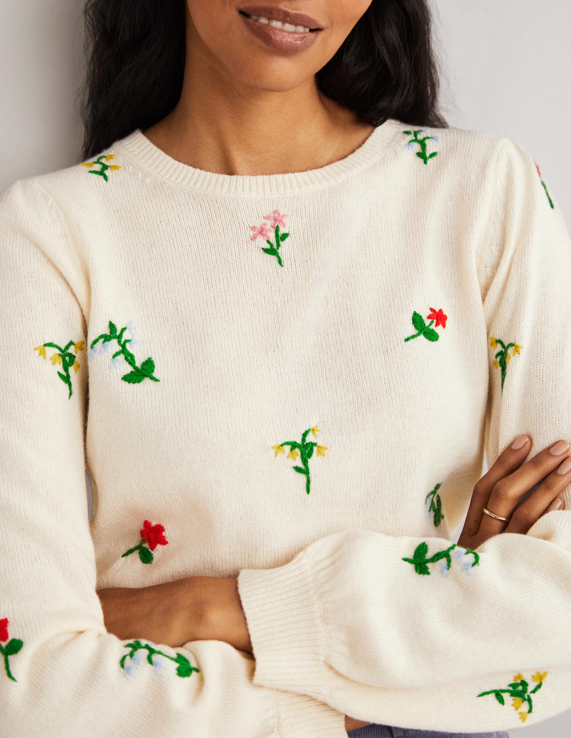 Embroidered Knitted Jumper-Warm Ivory, Flower Embroidery-4