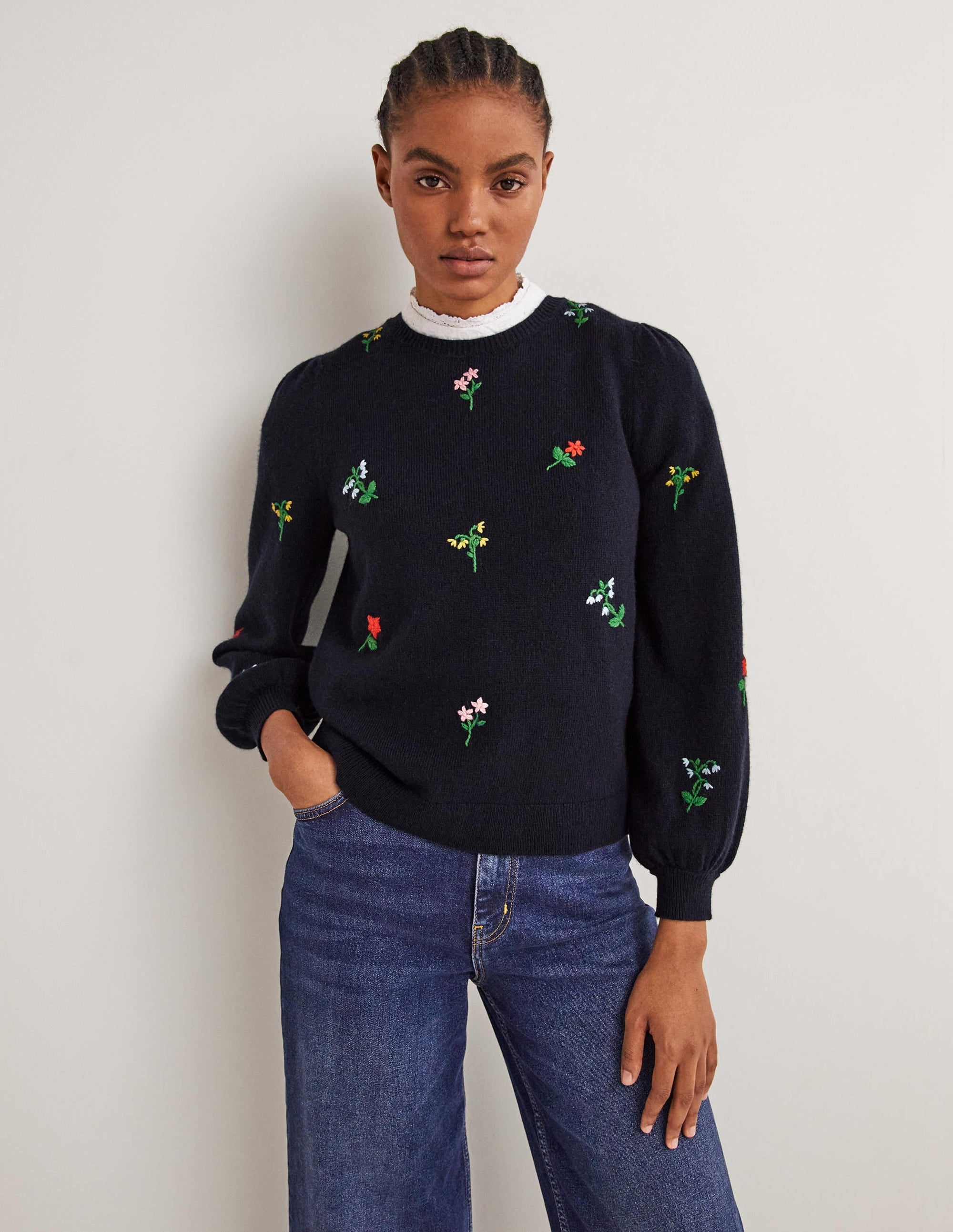Embroidered Knitted Jumper-Navy, Flower Embroidery - Image 1