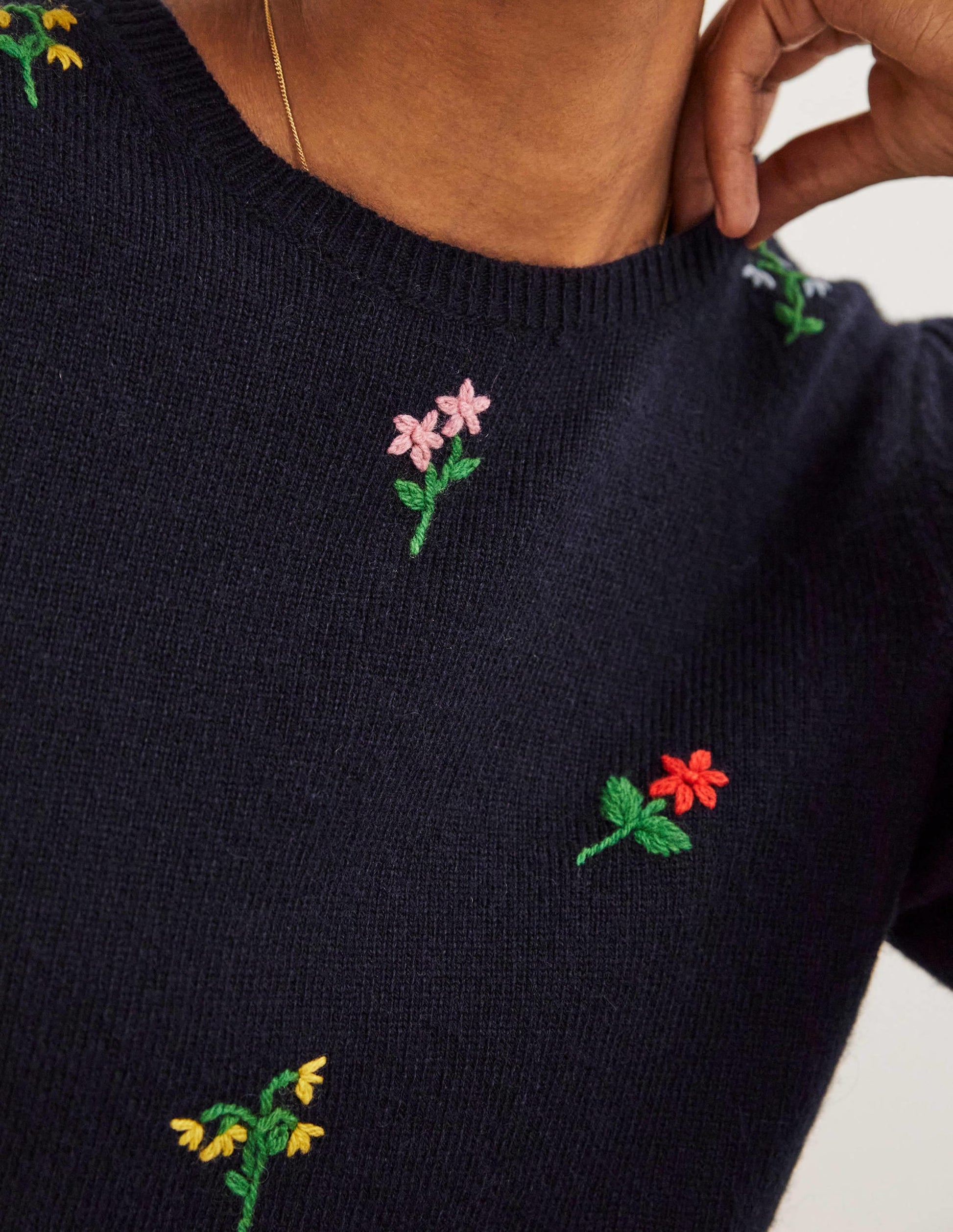 Embroidered Knitted Jumper-Navy, Flower Embroidery-2