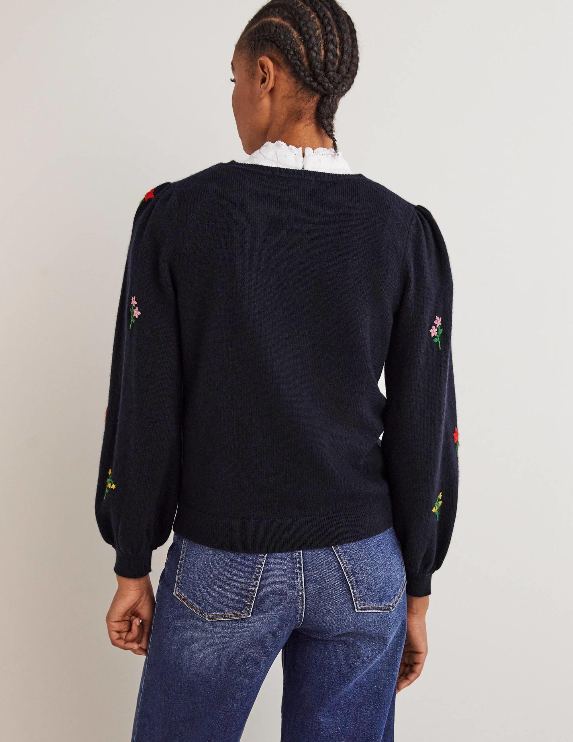 Embroidered Knitted Jumper-Navy, Flower Embroidery - Image 3