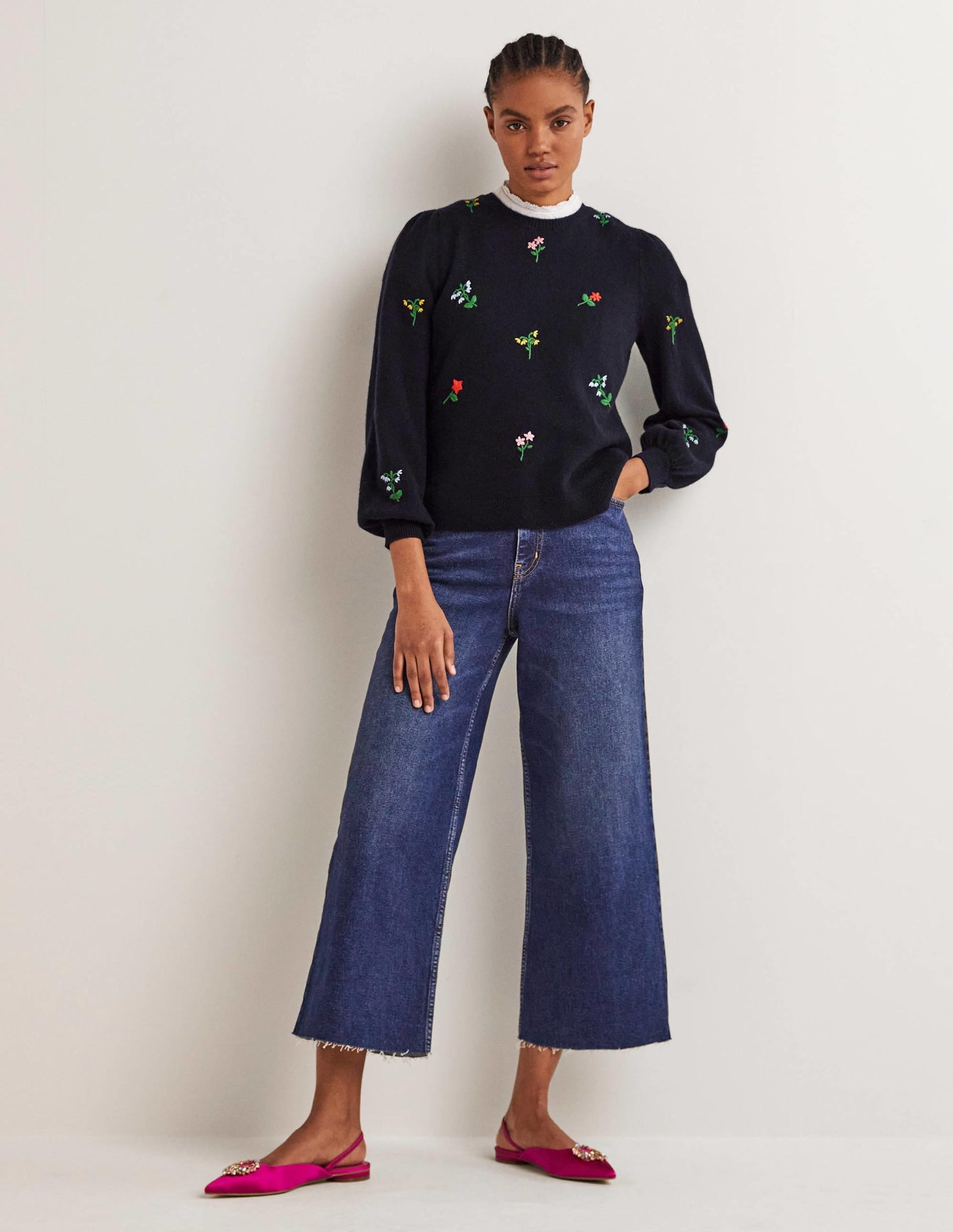Embroidered Knitted Jumper-Navy, Flower Embroidery-4