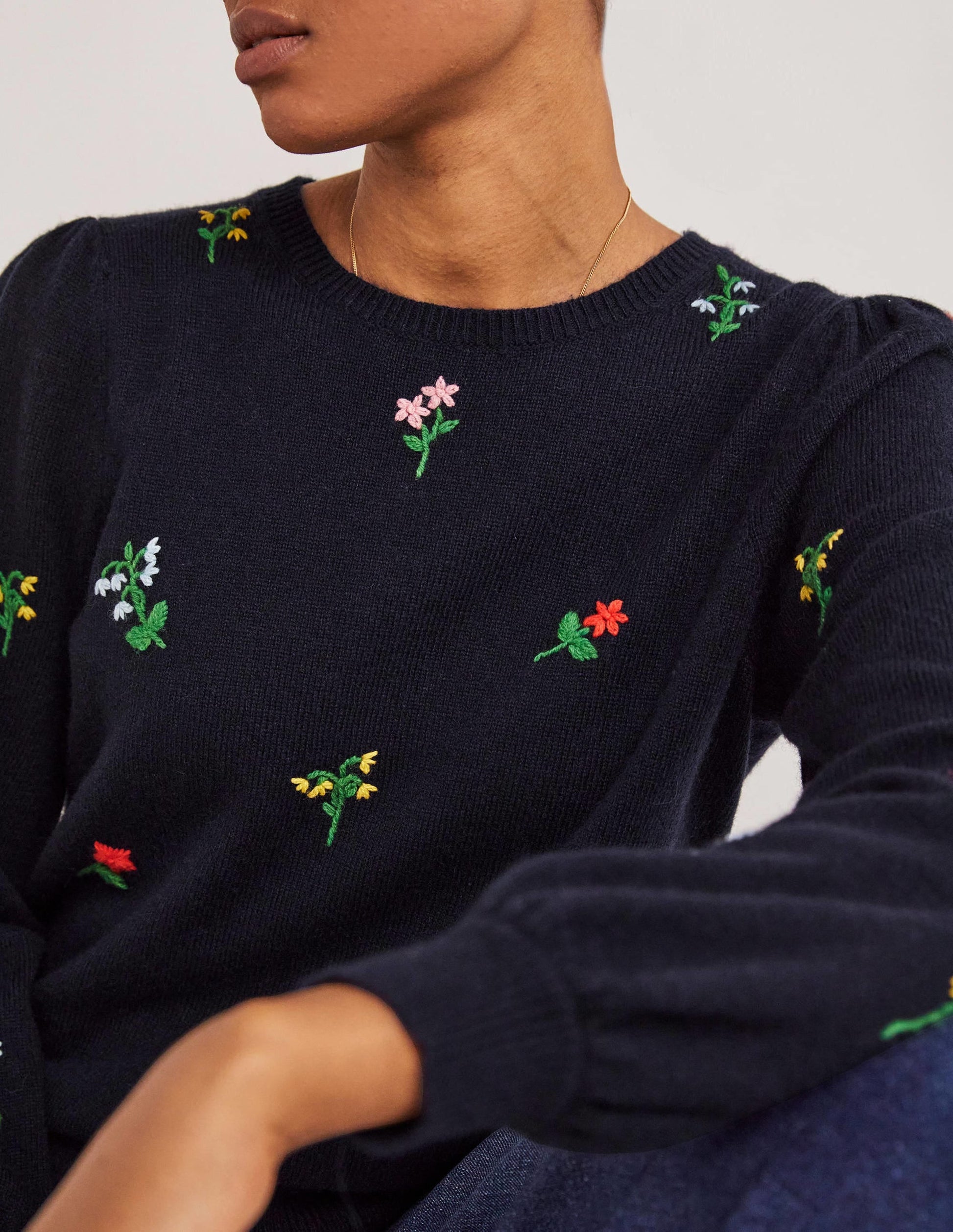 Embroidered Knitted Jumper-Navy, Flower Embroidery-5