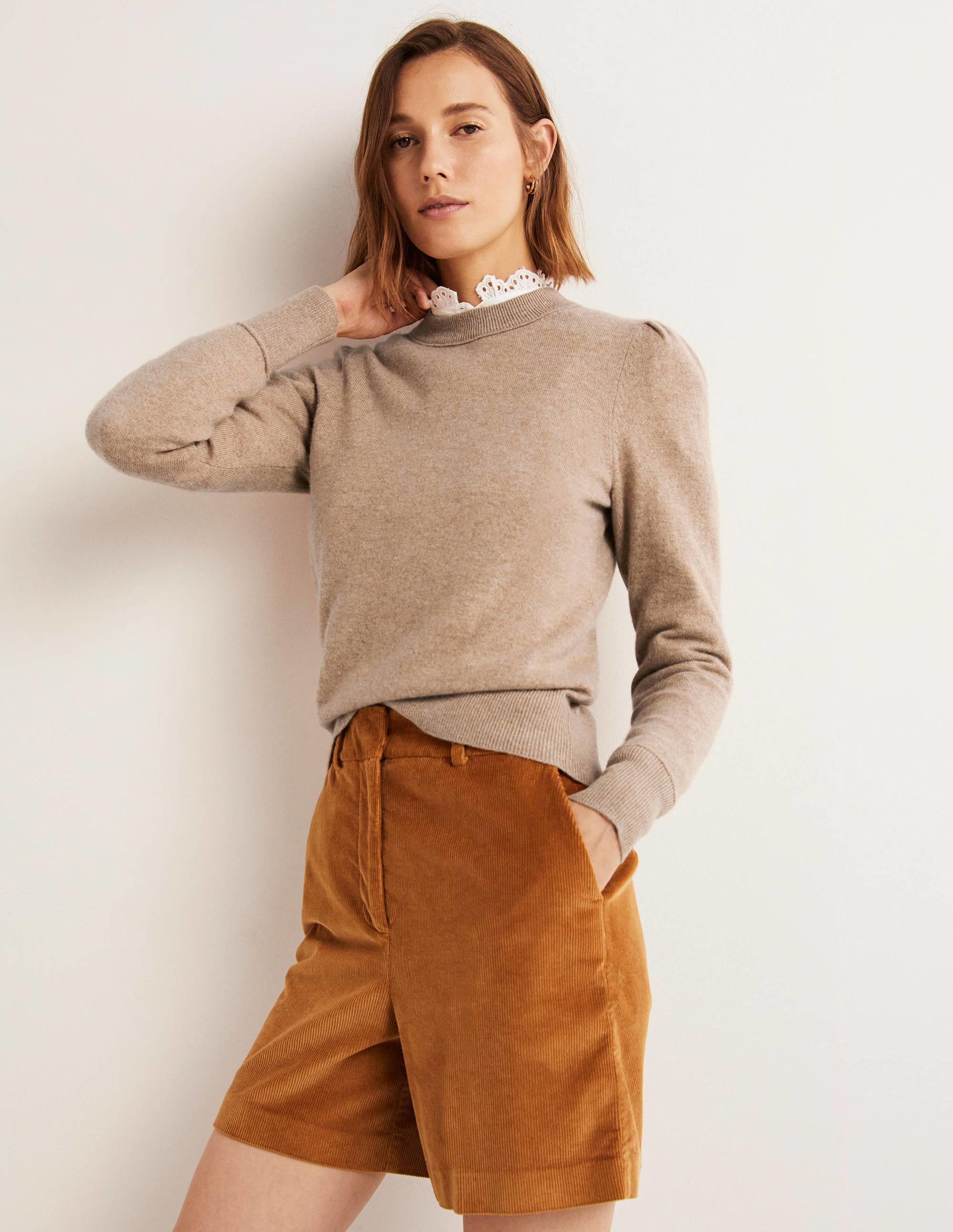 Cashmere Puff Shoulder Jumper-Camel Melange - Image 1