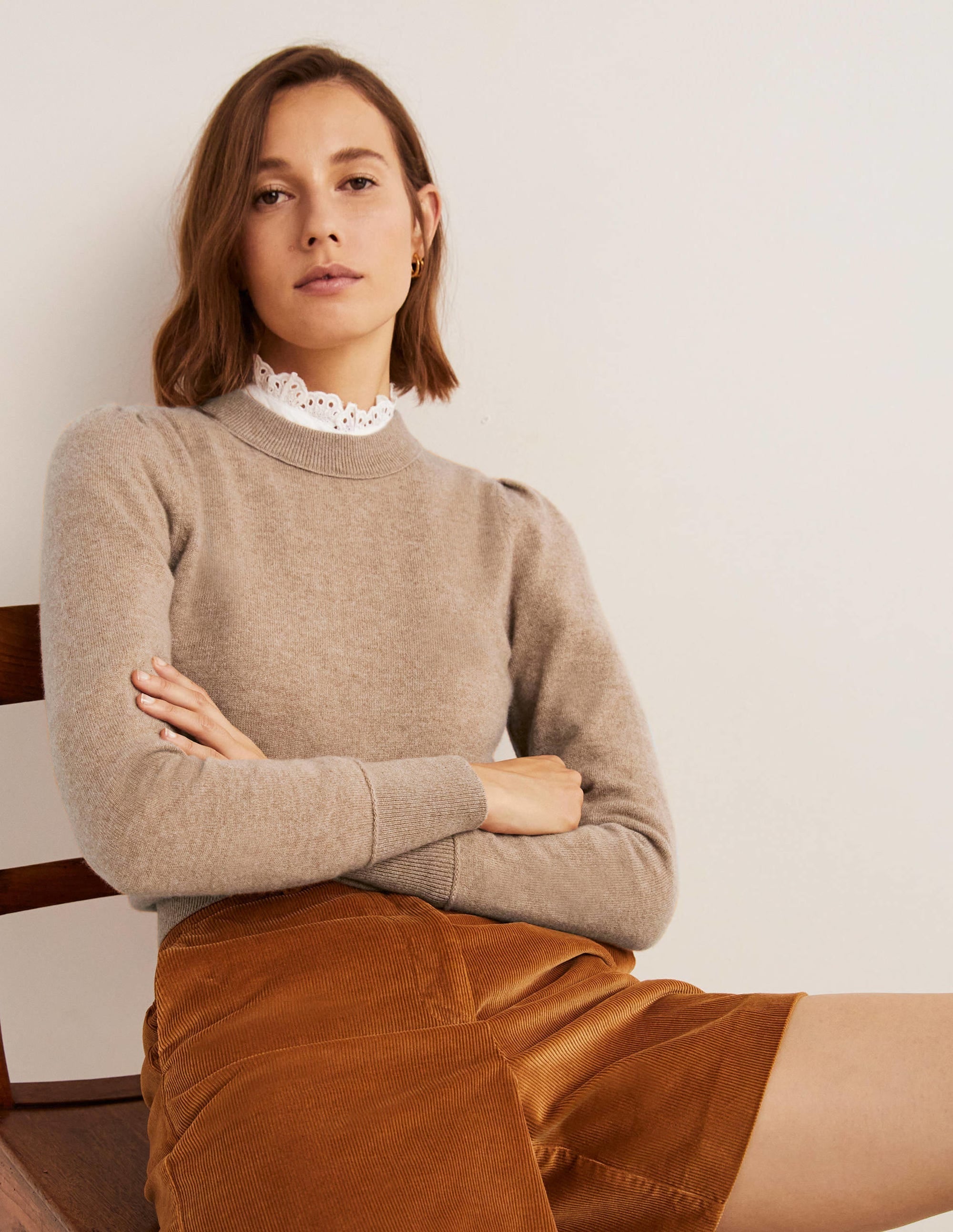 Cashmere Puff Shoulder Jumper-Camel Melange - Image 4