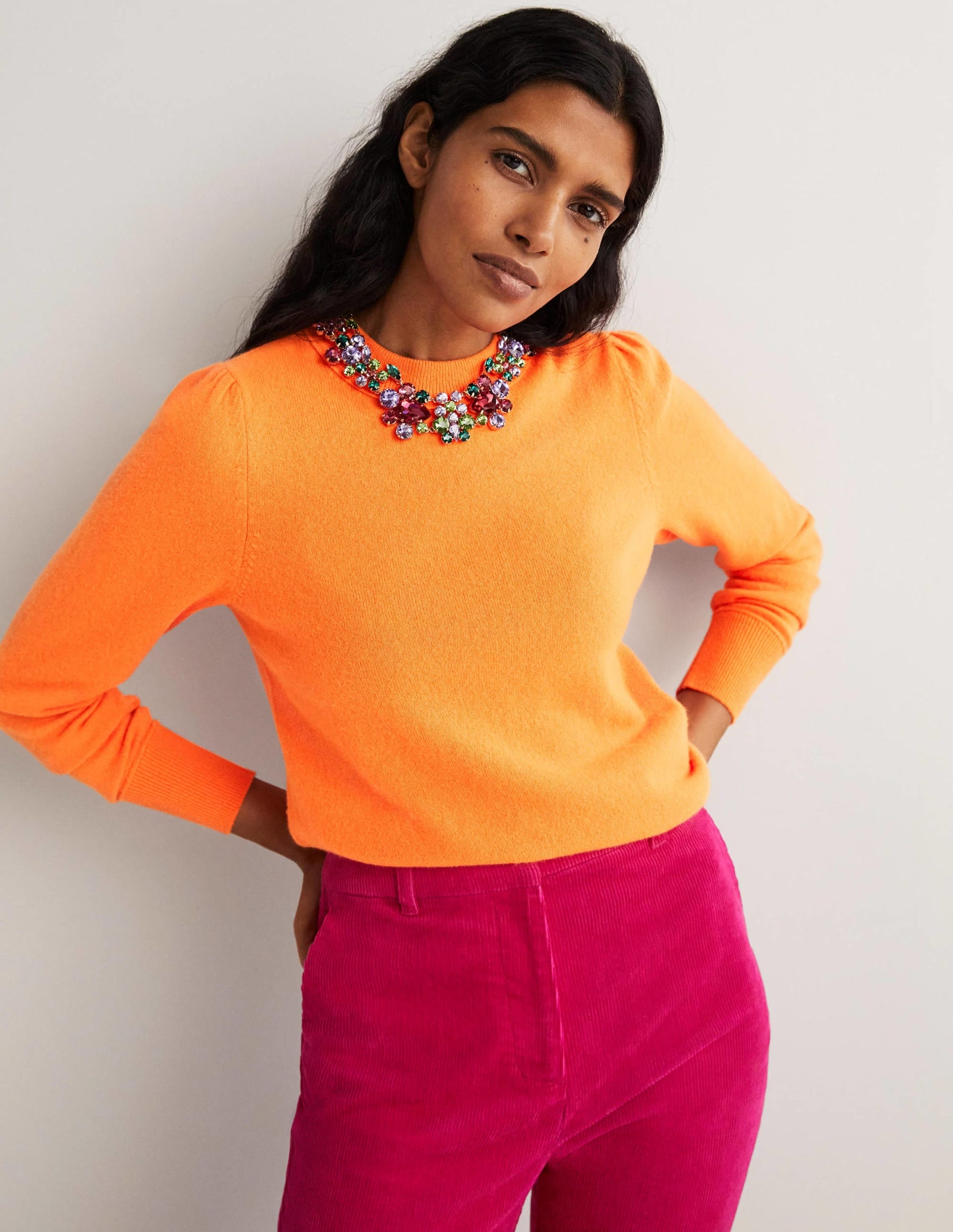 Cashmere Puff Shoulder Jumper-Neon Orange-1