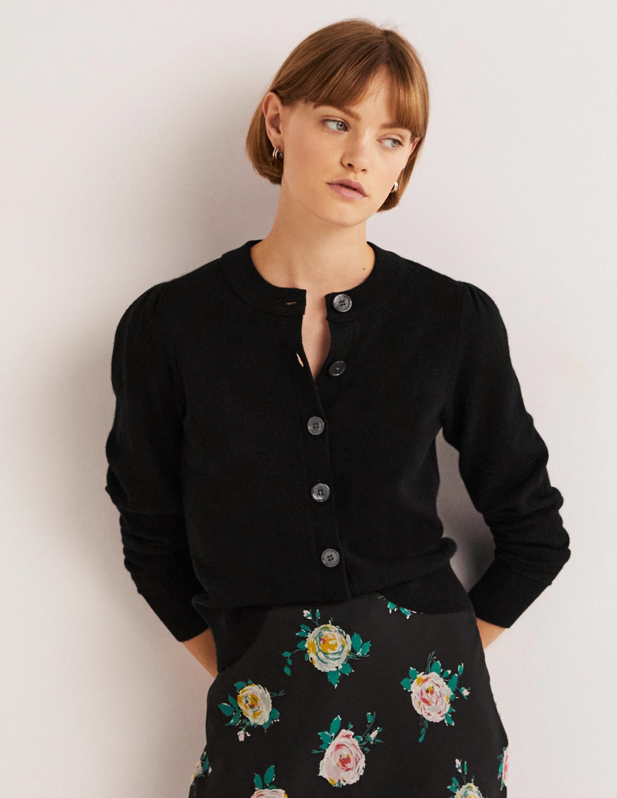 Cashmere Crew Neck Cardigan-Black - Image 1