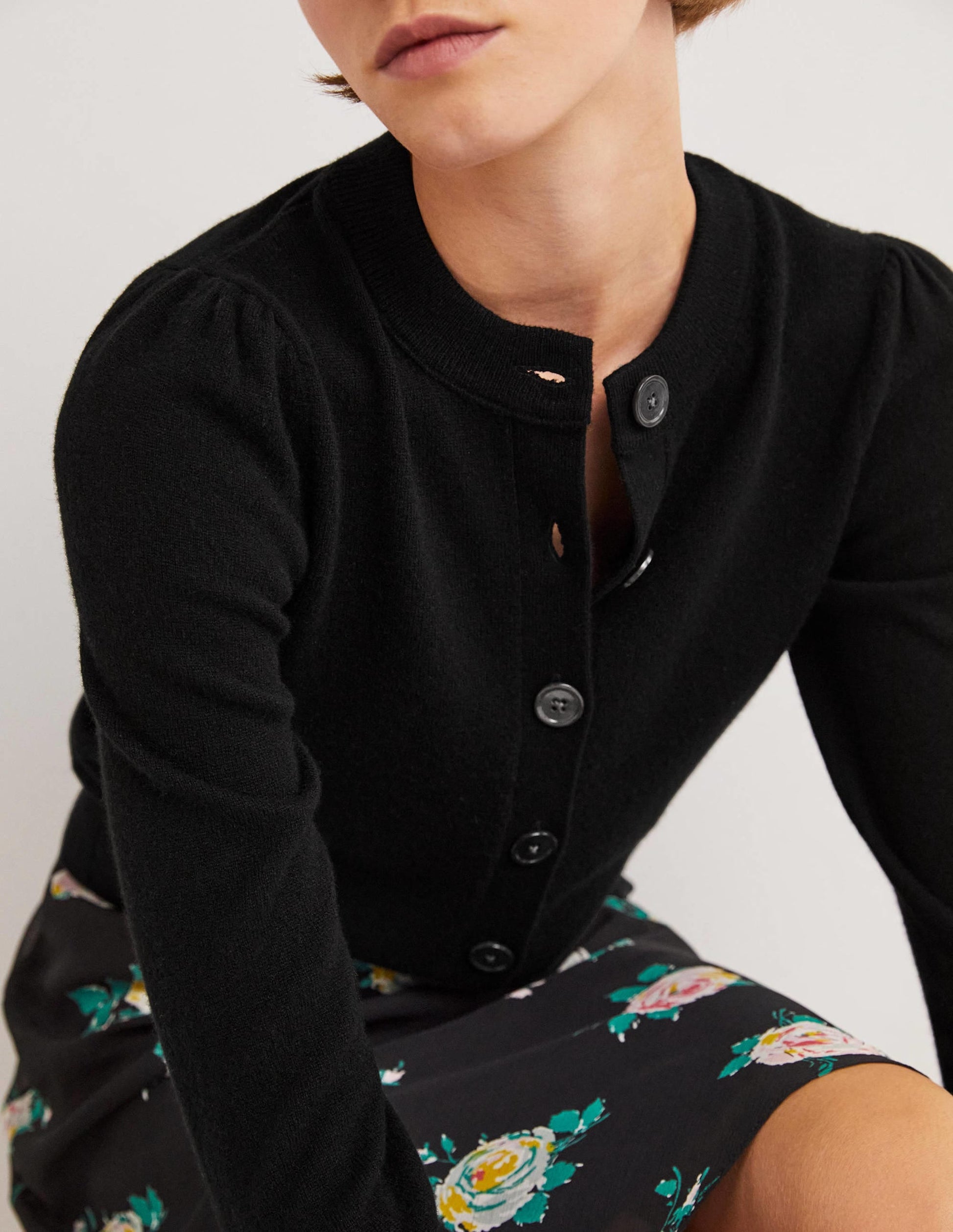 Cashmere Crew Neck Cardigan-Black-2